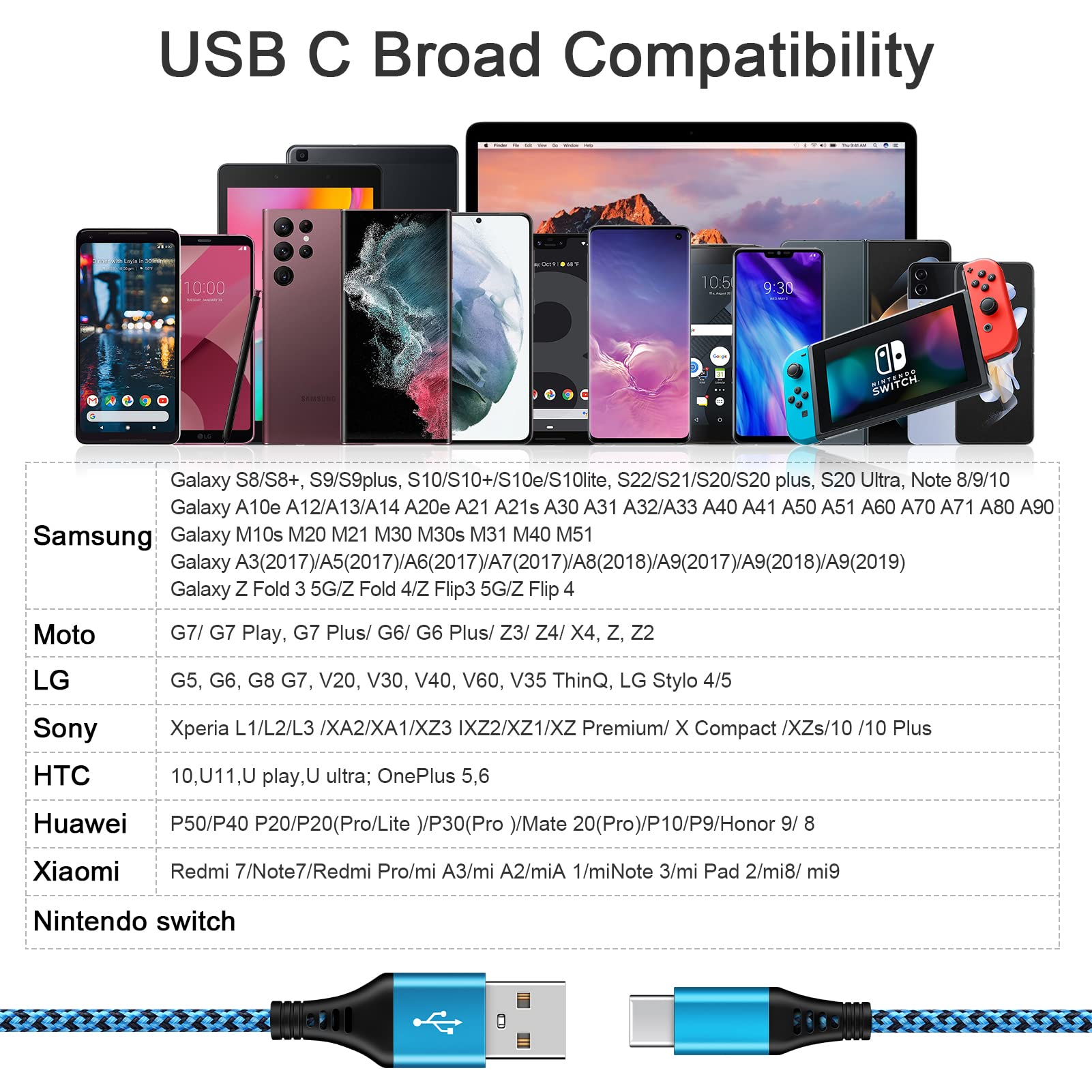 2-Pack 3FT USB C Fast Charging Cable for Samsung Galaxy S24/S23/S22/S21/S20, A15/A55/A14/A33/A53, S10/S9 - Also Compatible with Google Pixel & PS5 Controller - Durable Phone Charger Cord for Home, Office & Travel