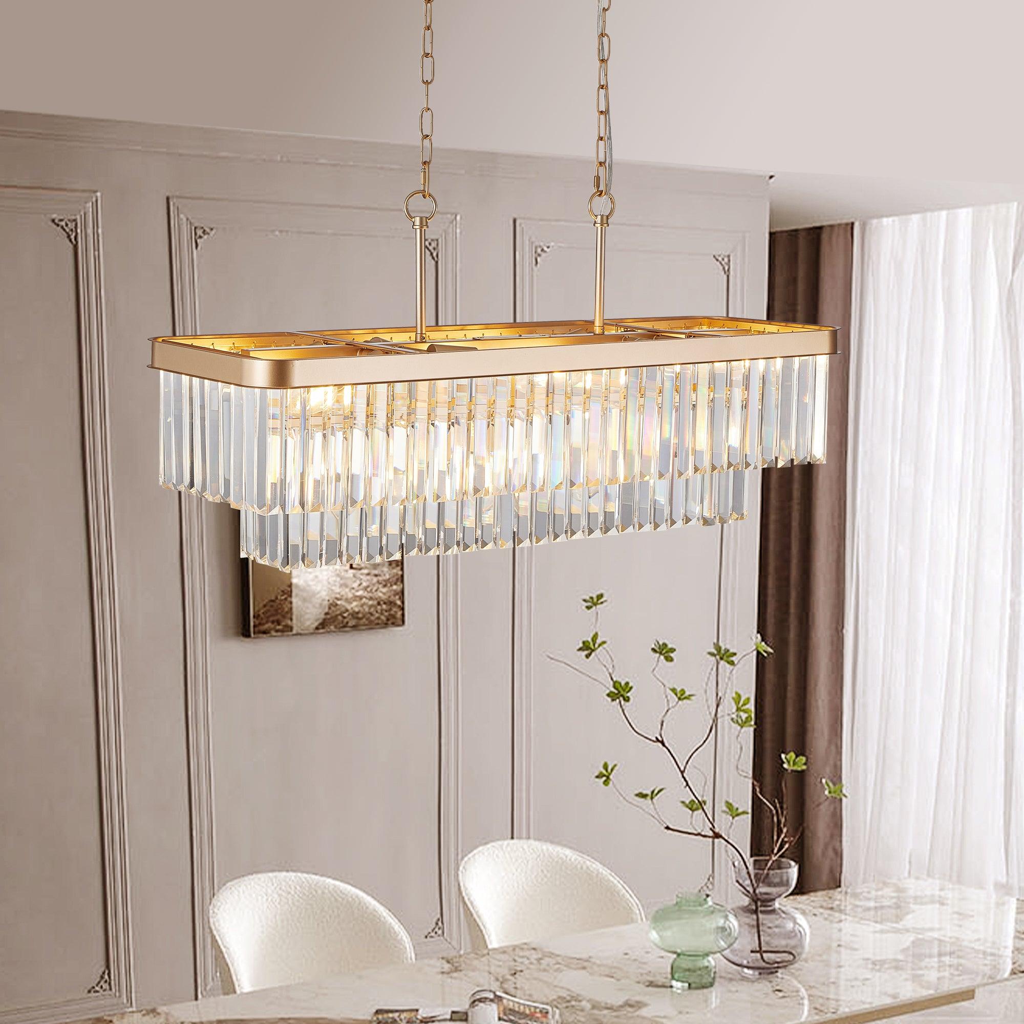 Modern Rectangular Crystal Chandelier - Adjustable E12 Industrial Farmhouse Ceiling Light with Iron Frame in Gold (Bulbs Not Included) - Perfect for Kitchen, Living Room, Bedroom & Dining Room Lighting
