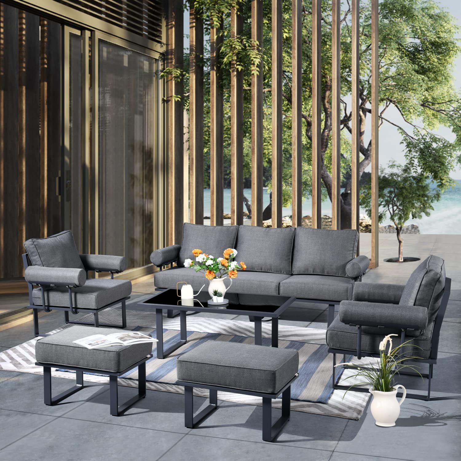 HOOOWOOO 6-Piece Outdoor Patio Furniture Set - Modern Aluminum Conversation Sofa with Ottoman & Cushions, Weather-Resistant Grey Patio Seating for Garden, Backyard, Poolside & Balcony