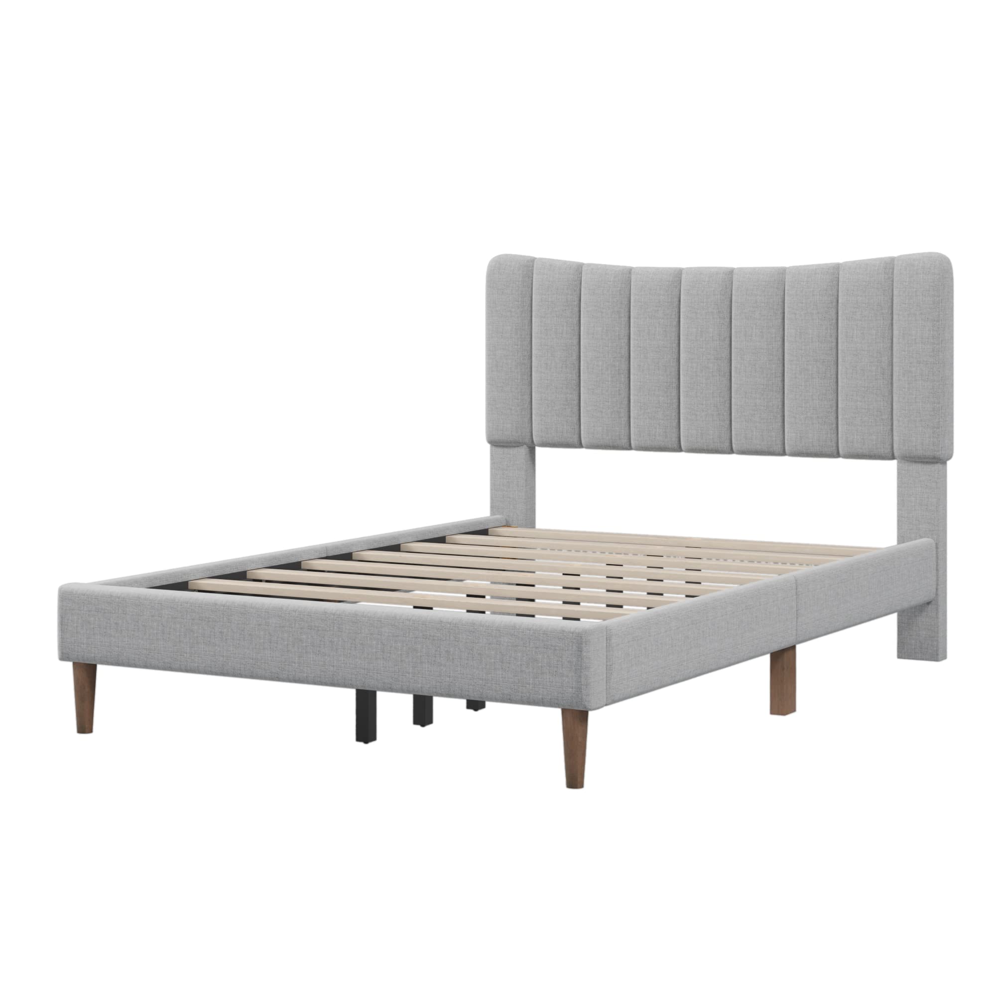 SOFTSEA Full Size Bed Frame with Vertical Channel Headboard - Modern Linen Upholstered Platform Bed with Sturdy Wood Slat Support, No Box Spring Required, Gray | Perfect for Small Bedrooms, Guest Rooms & Modern Apartments