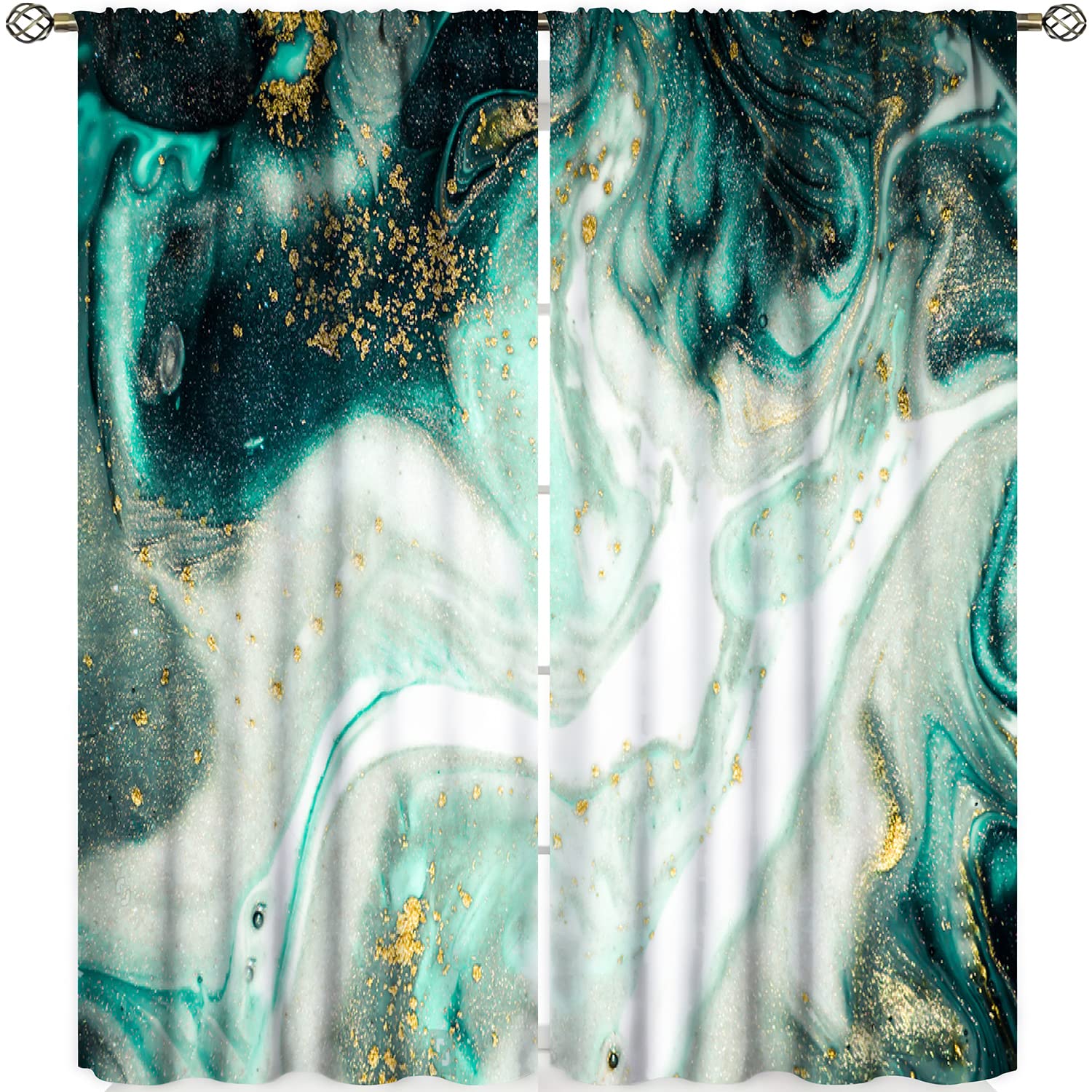 Luxury Marble Curtains - Green Gold White Abstract Print Window Drapes for Living Room & Bedroom Decor (52x84 inches) | Elegant Home Party Wall Decorations for Girls & Boys | Perfect for Modern Houses, Apartments, and Special Events