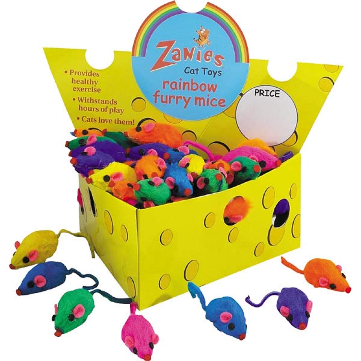 60 Pack Zanies Real Fur Rattling Rainbow Cat Toys - Cheese Box Design - Interactive Play for Kittens & Adult Cats - Perfect for Hunting, Chasing & Exercise