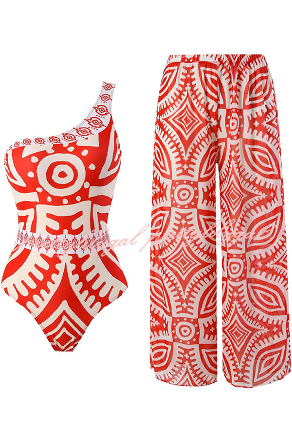 Stylish Printed Swimsuit with Elastic Waist Pants - Trendy Beachwear for Women | Perfect for Pool Parties, Vacations & Summer Outfits