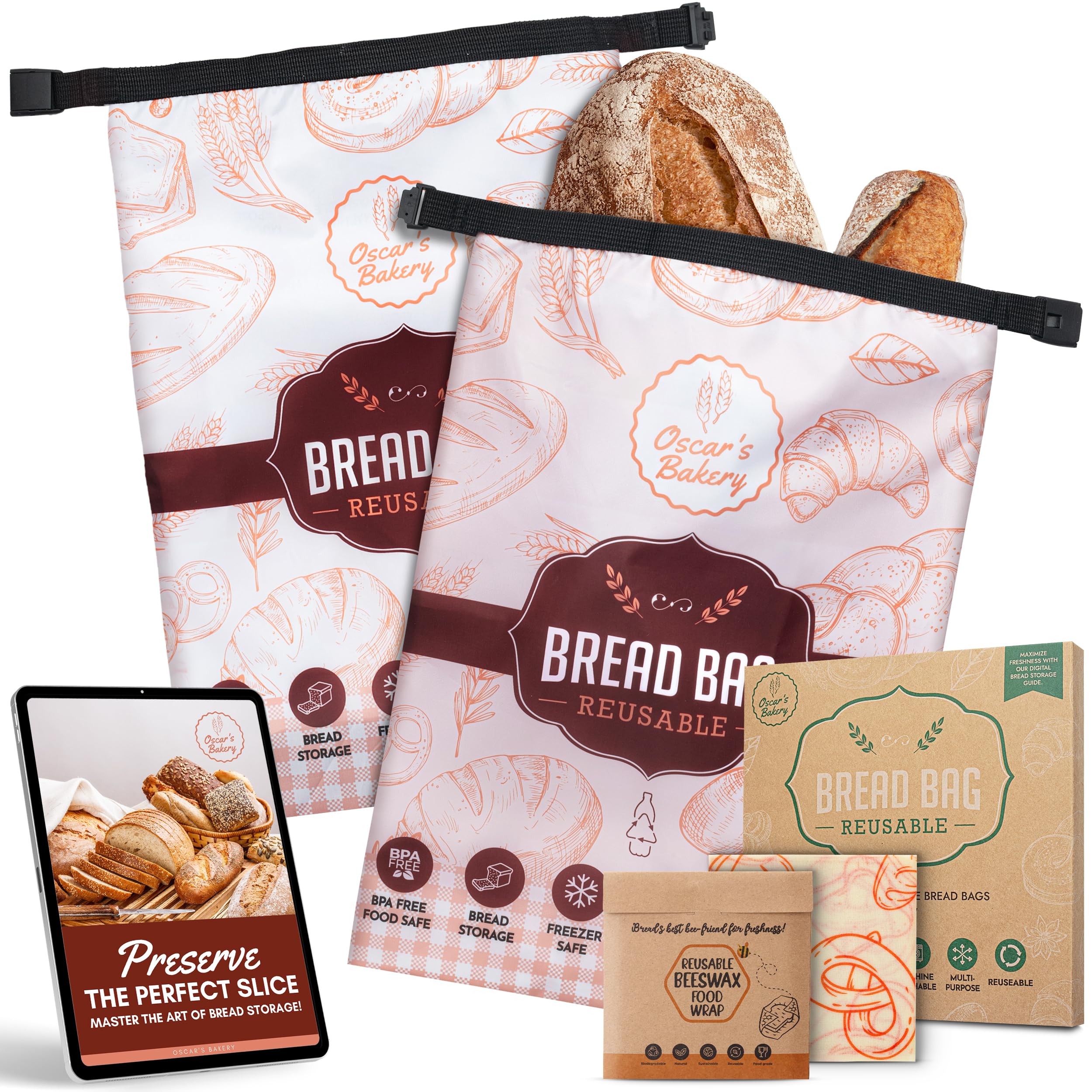 Reusable Sourdough Bread Bags for Homemade Bread Storage - BPA-Free, Freezer Safe Bread Bags with Beeswax Wrap - 2 Pack Retro Orange Bread Containers by Oscar's Bakery - Perfect for Fresh Bread, Sourdough, Baguettes & Artisan Loaves