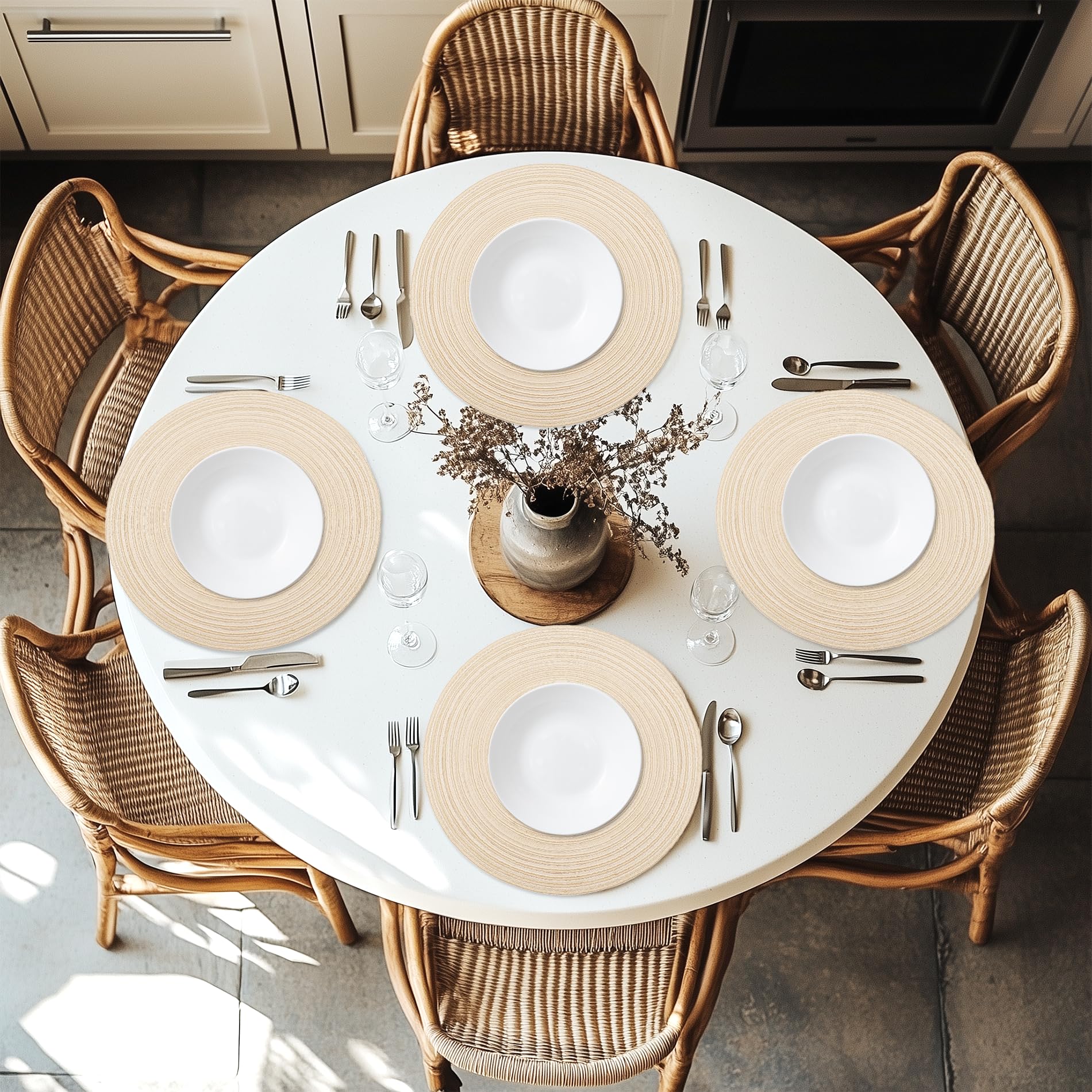6-Pack Braided Round Placemats - 14.5 Inch Woven Washable Non-Slip Table Mats for Kitchen & Dining - Heat Resistant Natural Fabric Placemats for Indoor/Outdoor Use - Perfect for Dinner Parties, BBQs, and Everyday Meals (Beige)