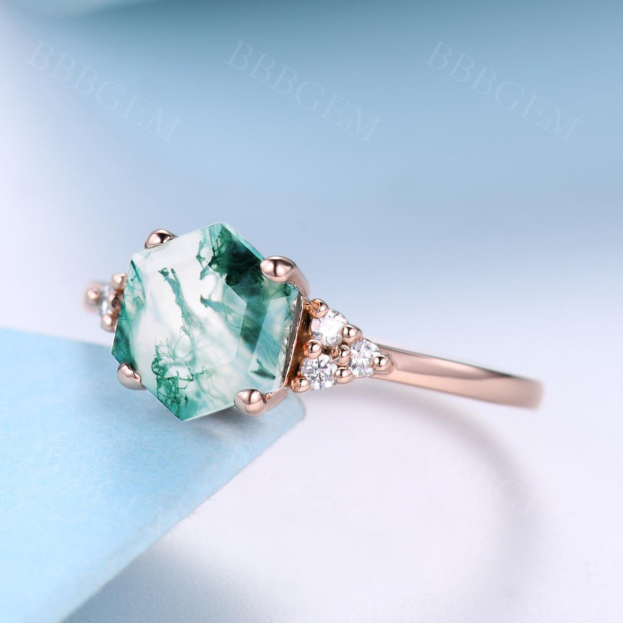Vintage Rose Gold Hexagon Cut Moss Agate Engagement Ring with 6 Diamond Accent Stones - Perfect for Proposals, Weddings & Anniversary Gifts