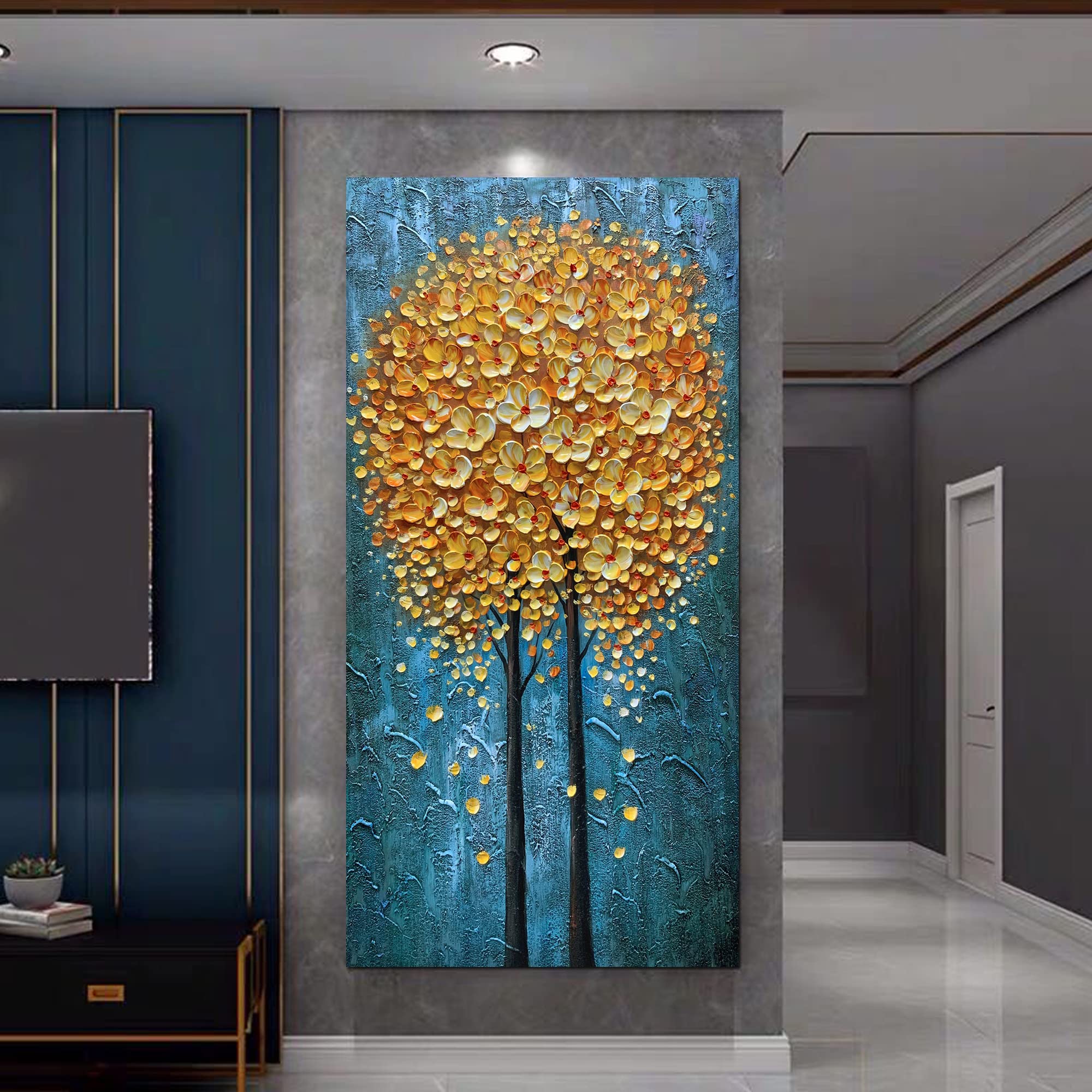 Yotree 24x48 Inch Yellow Flowers Oil Painting - Hand-Painted 3D Abstract Art on Canvas with Wood Frame, Wall Decor for Living Room, Bedroom & Office