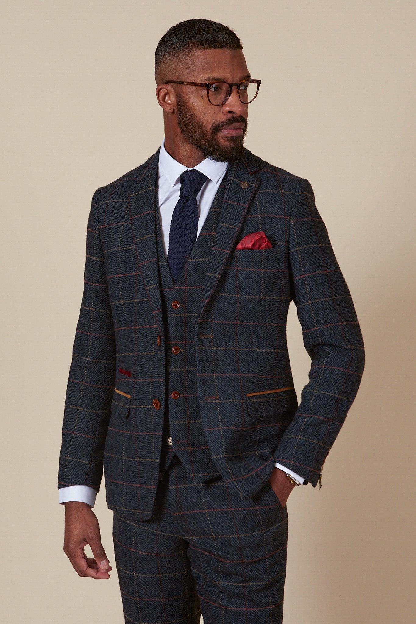 ETON Navy Blue Tweed Check Three Piece Suit for Men - Classic Formal Business Attire | Perfect for Weddings, Office Meetings & Special Occasions