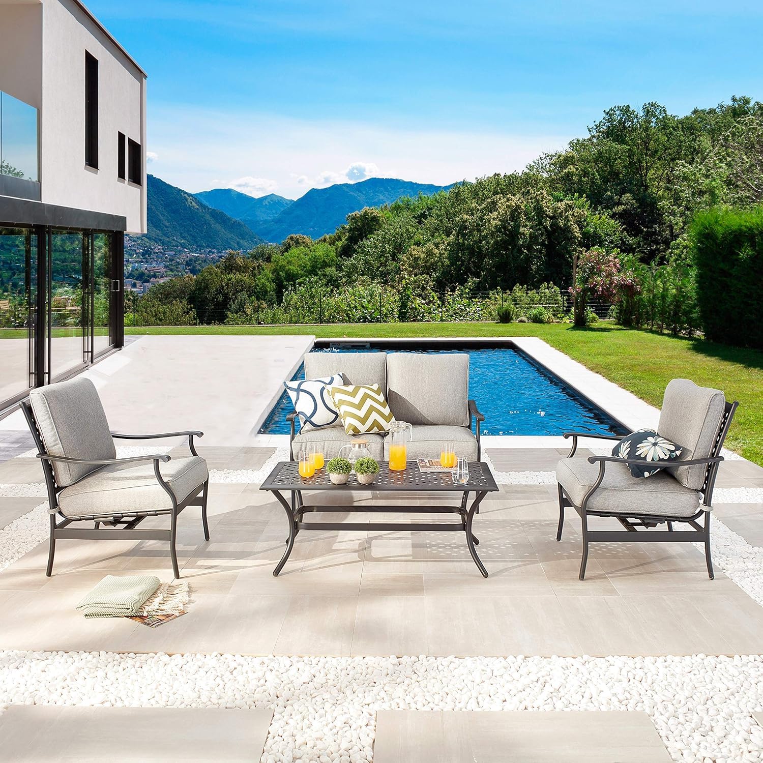 LOKATSE HOME 4-Piece Outdoor Loveseat Set with Cushions & Coffee Table - Patio Conversation Furniture, Metal Armchair for Garden, Backyard, Poolside (Grey)