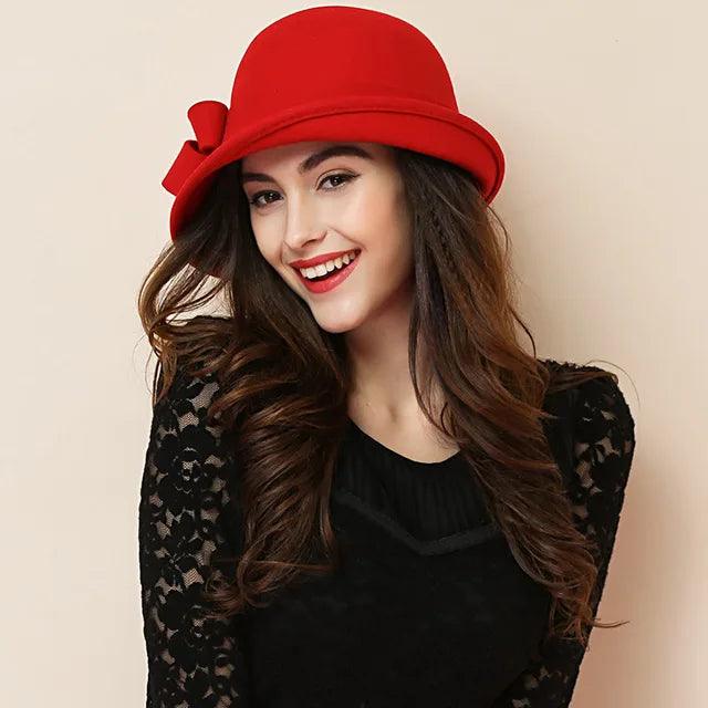 Women's Wool Felt Winter Hat with Asymmetric Bowknot - Elegant Formal Headwear for Cold Weather - Perfect for Office, Parties, and Holiday Outfits