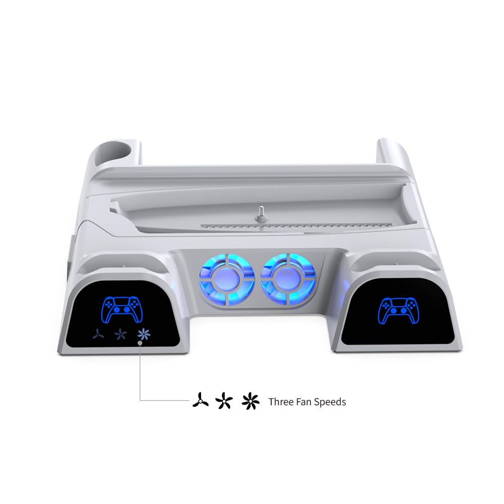 PS5 Slim Cooling Stand with Dual Controller Charger - 3-Speed Cooling Fan, 11 Game Disc Slots & Media Remote Storage | Perfect for PS5/PS5 Slim Console Cooling & Organized Gaming Setup | Ideal for Long Gaming Sessions & Entertainment Centers