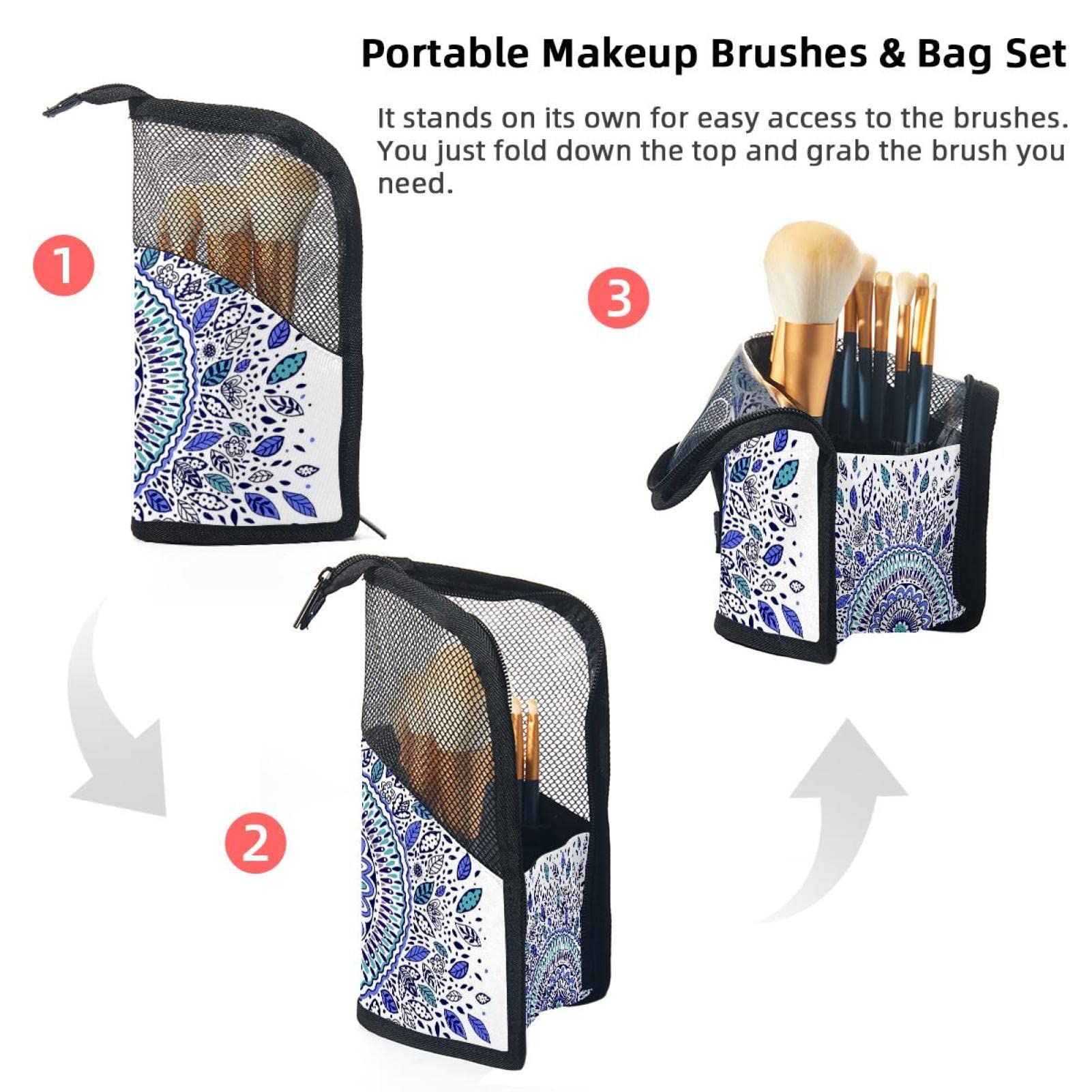 12-Piece Makeup Brush Organizer Bag with Bohemian Mandala Leaf Design - Portable Cosmetic Brush Holder Case for Travel & Home Storage