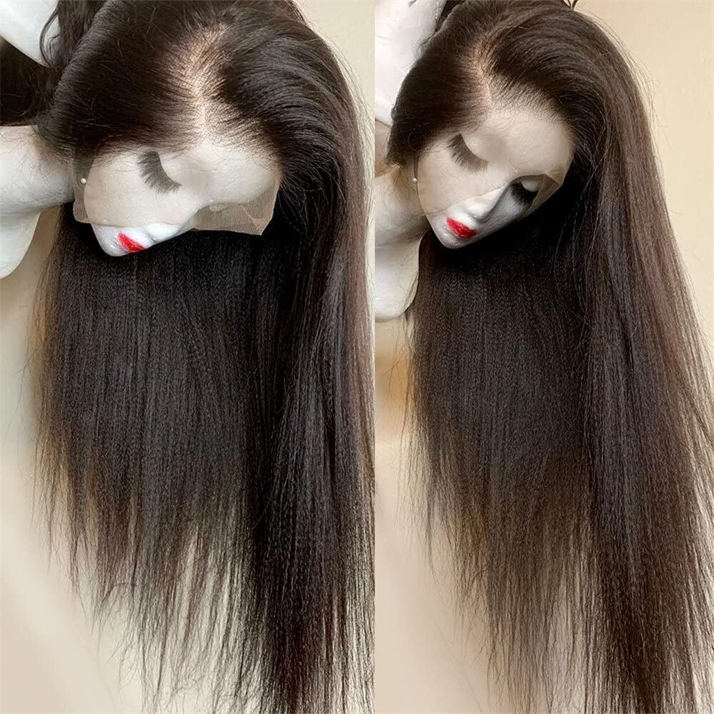 13x4 V-Part Lace Front Human Hair Wig - 150% Density Brazilian Kinky Straight Middle Part Wig with Italian Yaki Texture (22 Inches) - Perfect for Daily Wear, Cosplay & Special Occasions