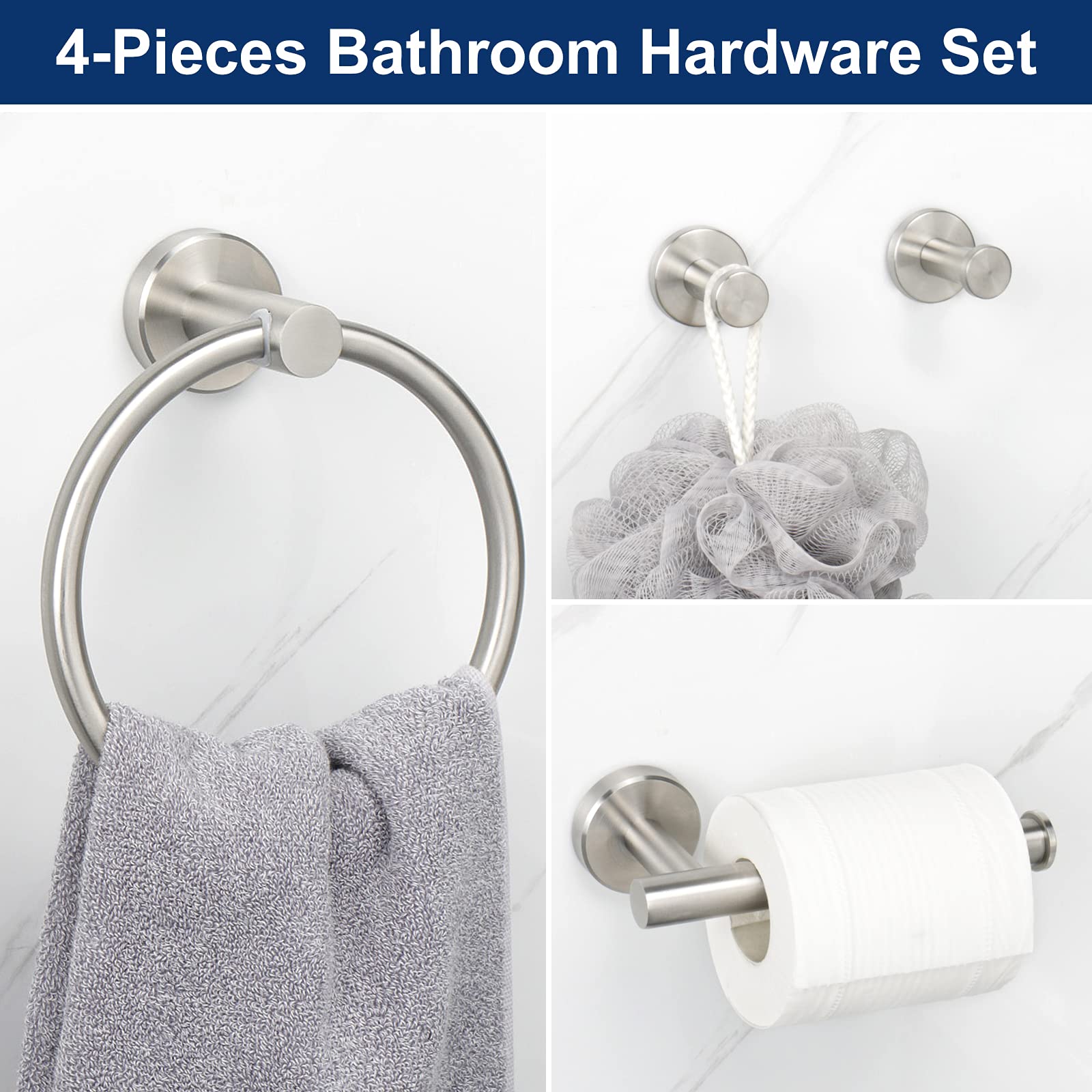 NearMoon 4-Piece Bathroom Hardware Set - Brushed Nickel Stainless Steel Wall Mounted Towel Ring, Toilet Paper Holder & 2 Robe Hooks | Complete Bath Accessories for Modern Home & Luxury Hotel Style Bathrooms