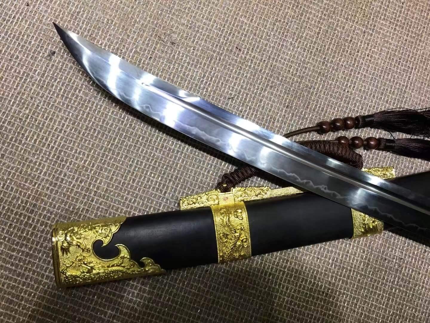 Hand Forged Chinese Broadsword - Pattern Steel Blade with Alloy & Black Wood Handle - Heat Tempered Sword for Martial Arts Training, Cosplay & Collectors