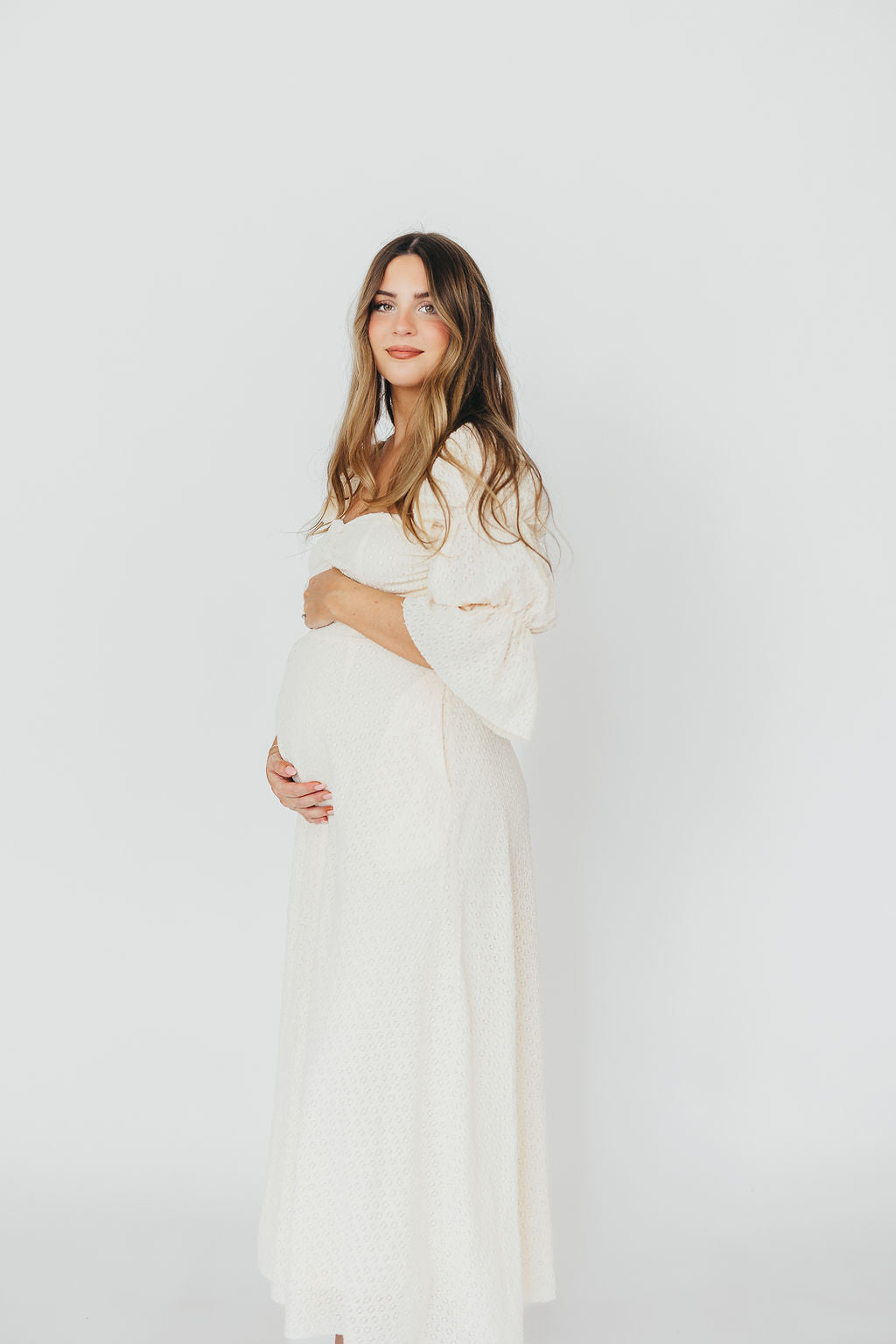 Corrine Tiered Sleeve Maxi Dress with Pockets in Ivory Cream - Bump Friendly Maternity Dress for Pregnancy, Nursing & Postpartum - Perfect for Baby Showers, Beach Vacations & Summer Weddings
