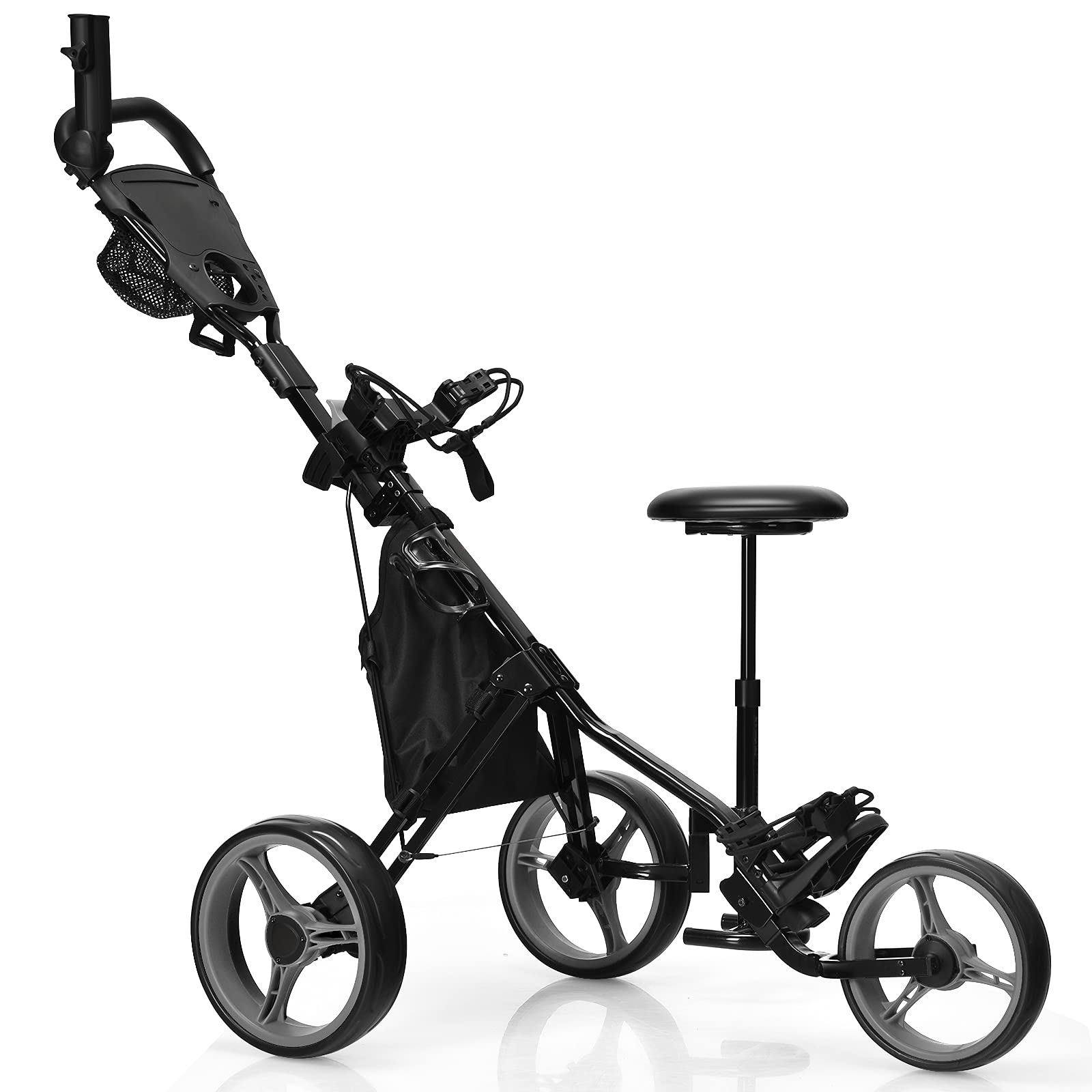 GYMAX Foldable 3-Wheel Golf Push Cart - Adjustable Height Lightweight Golf Trolley with Umbrella Holder, Hydraulic Seat, Storage Bag & Cup Holder | Perfect for Golf Courses, Driving Ranges & Outdoor Practice