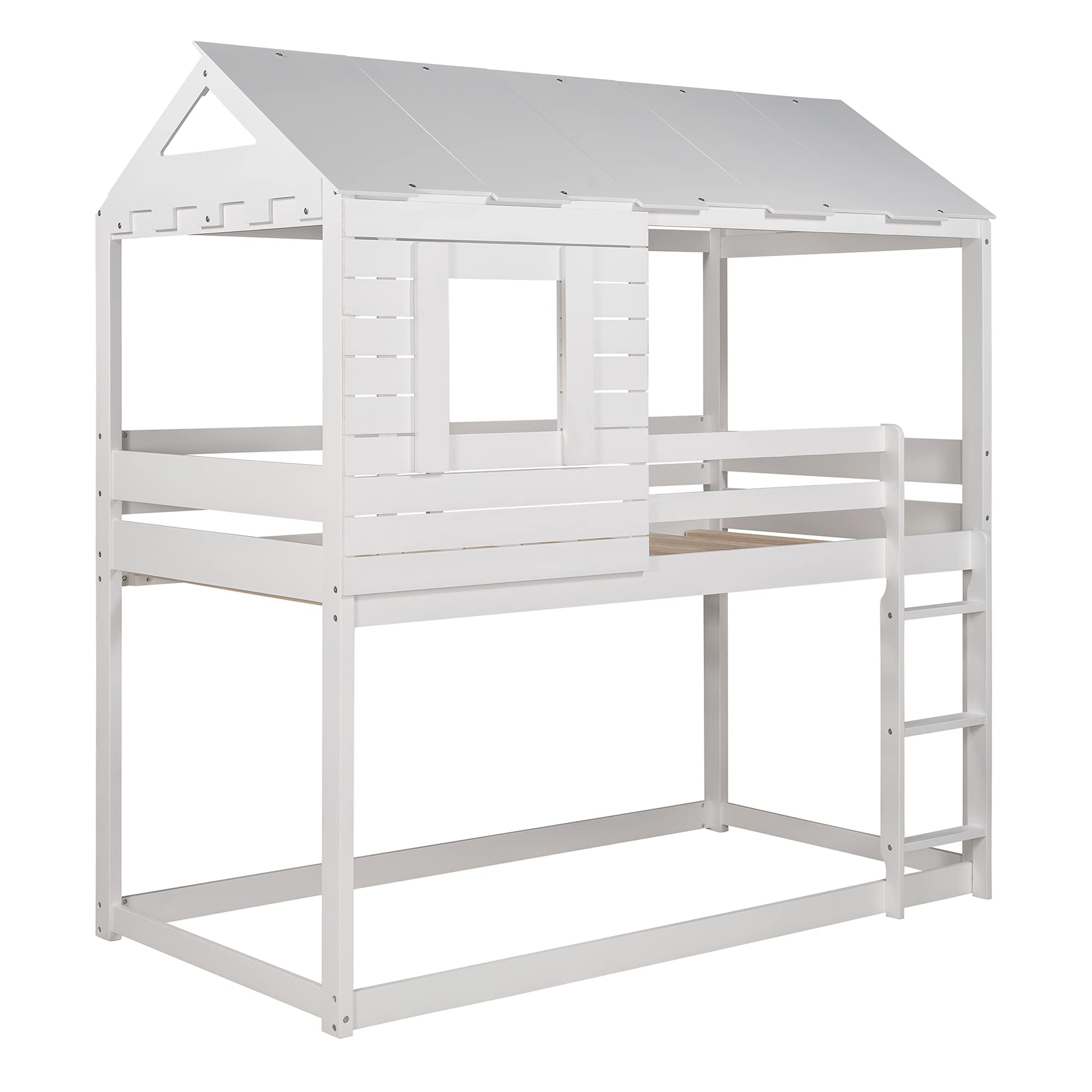 SOFTSEA Twin Over Twin Wooden Bunk Bed with Ladder, Roof & Window - Kids Bedroom Furniture for Siblings or Sleepovers - White