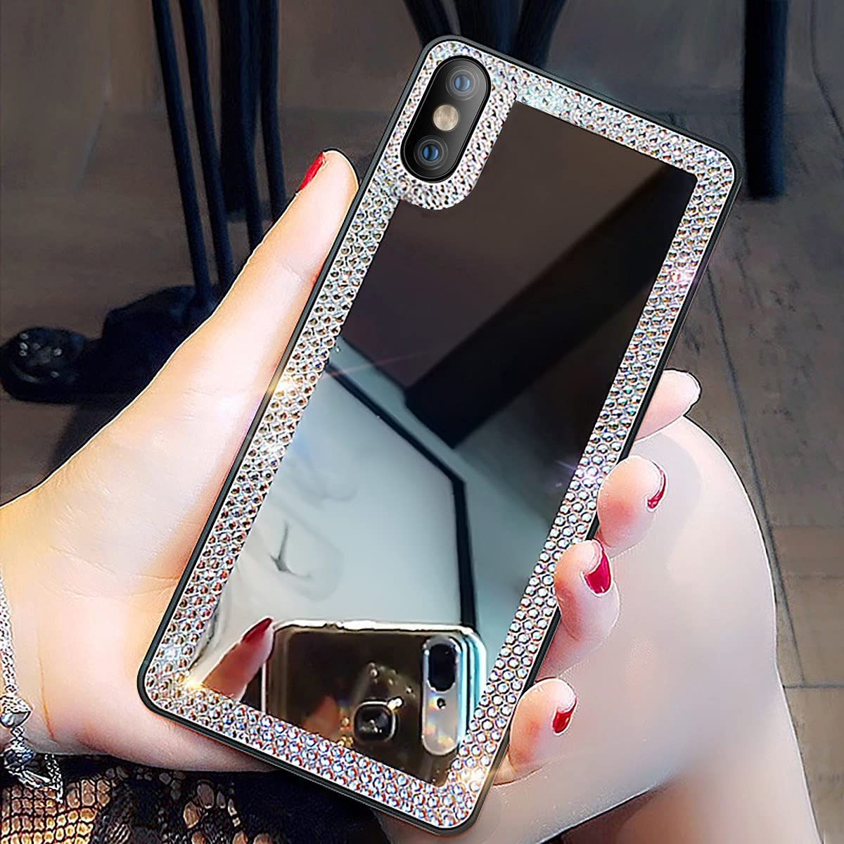 Sparkling Diamond Mirror Case for iPhone Xs Max - Bling Acrylic Mirror Phone Cover with Rhinestones for Women, Perfect for Outdoor Makeup & Selfies (Pink/Gold) - Fashion Accessory for Beauty Lovers & Glamorous Occasions