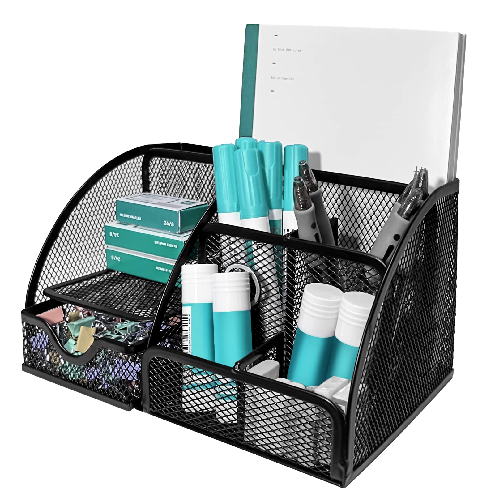 RJOAM Mesh Desk Organizer with Drawer - 6 Compartment Office Supplies Holder for Home, Office, School & Classroom - Black Desktop Organizer Caddy for Pens, Papers, Books & Stationery Storage