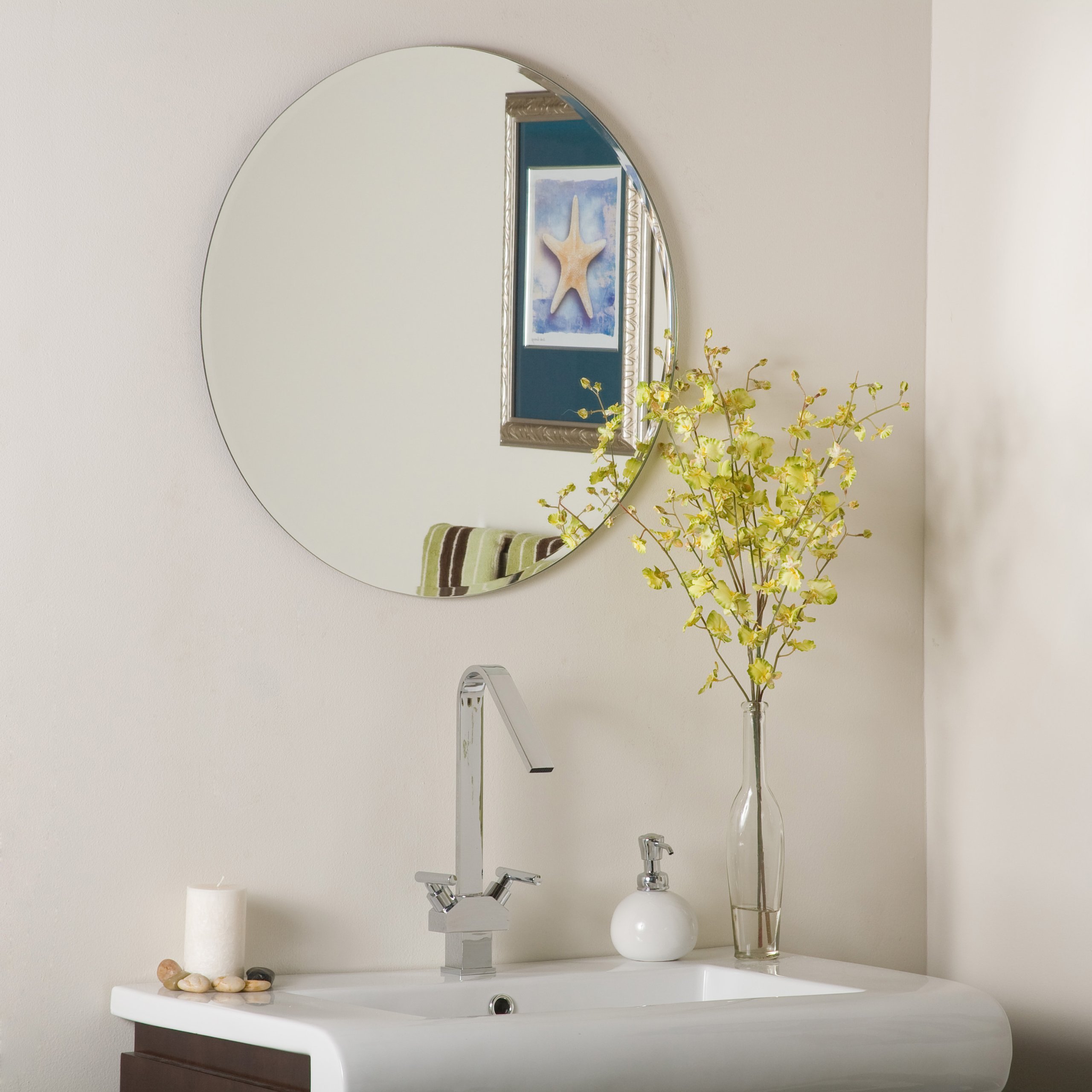 Frameless Round Beveled Mirror - 24 Inch Modern Wall Mirror for Bathroom, Bedroom & Entryway Decor - Shatterproof Glass with Beveled Edge Design