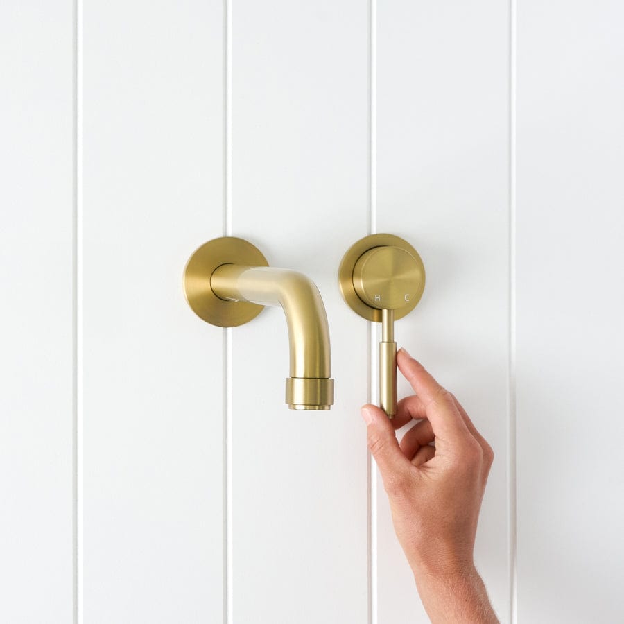 Brushed Brass Melbourne Wall Spout with Mixer - Modern Bathroom Faucet for Sink and Vanity - Perfect for Home and Hotel Renovations