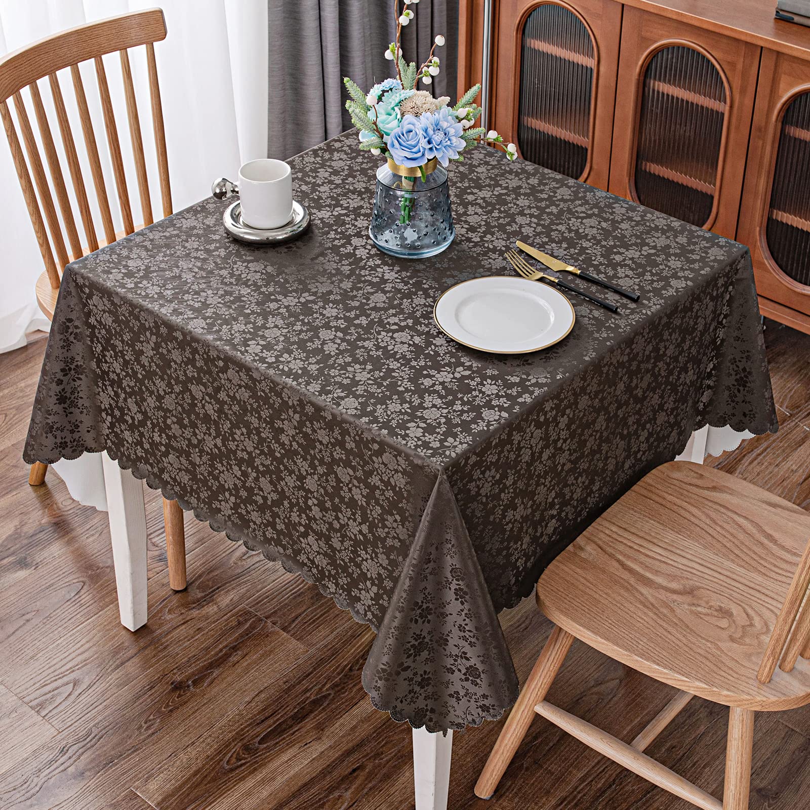 Smiry Square Waterproof Vinyl Tablecloth - Heavy Duty, Wipeable & Washable Table Cover for Kitchen, Dining Room, Outdoor Picnics & Parties (Coffee, 54
