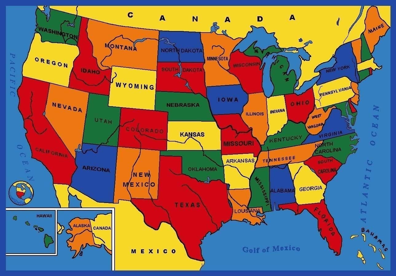 CR USA Map Educational Area Rug for Kids - 8x10 Feet Non-Slip Classroom Carpet | Perfect for Daycare, Playroom & Children's Bedroom | Learning Geography & Safe Play Surface