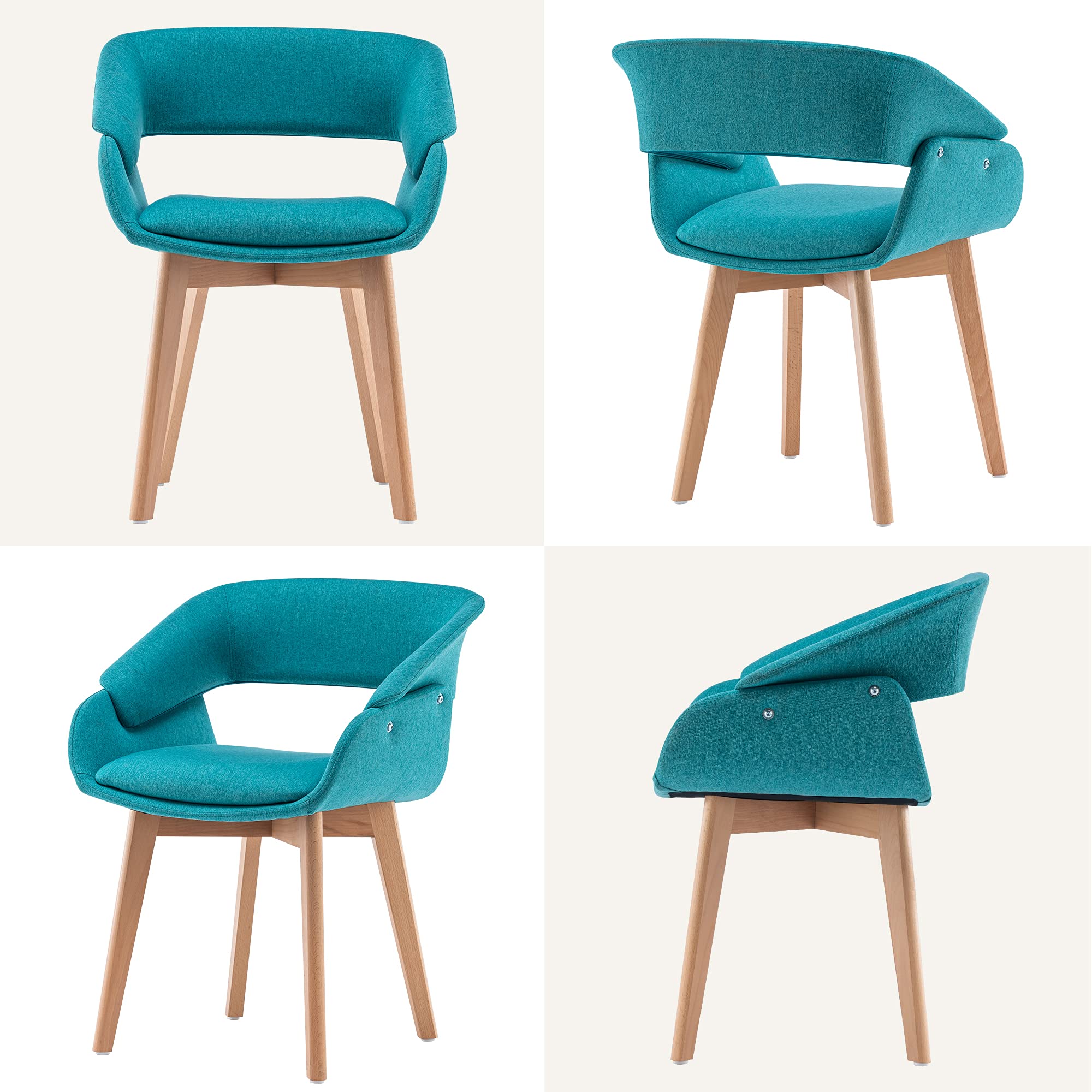 Mid-Century Modern Dining Chairs Set of 2 - Upholstered Accent Armchairs with Solid Wood Legs & Linen Fabric for Living Room, Dining Room, Guest Seating (Teal Blue with Cushions Included) - Perfect for Home Decor, Dinner Parties, and Cozy Reading Nooks