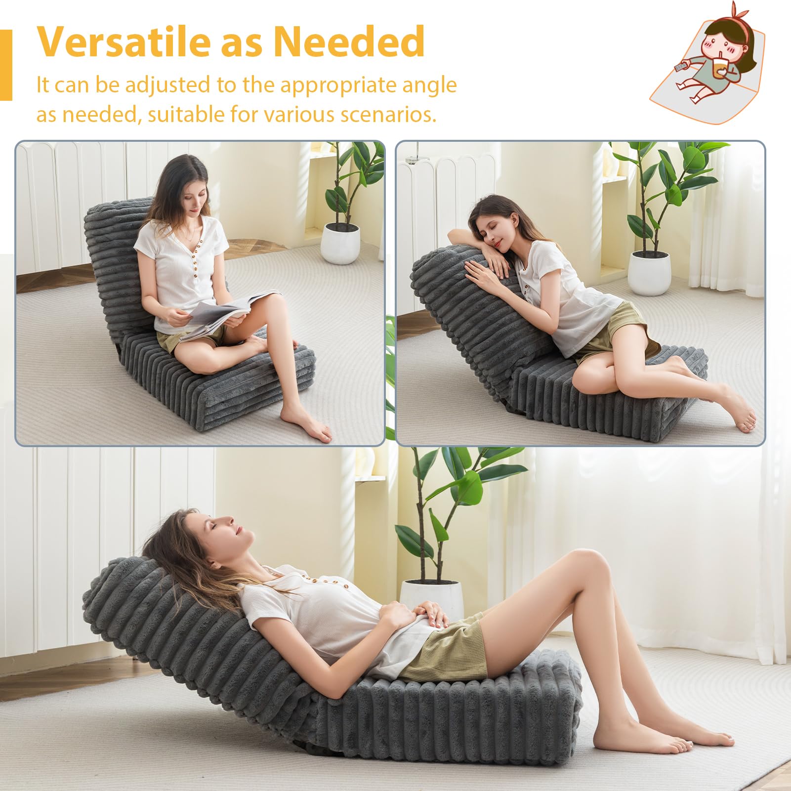 MAXYOYO Adjustable Back Support Floor Chair - Foldable Meditation Sofa with Thick Cushion in Grey | Perfect for Yoga, Reading & Relaxing at Home