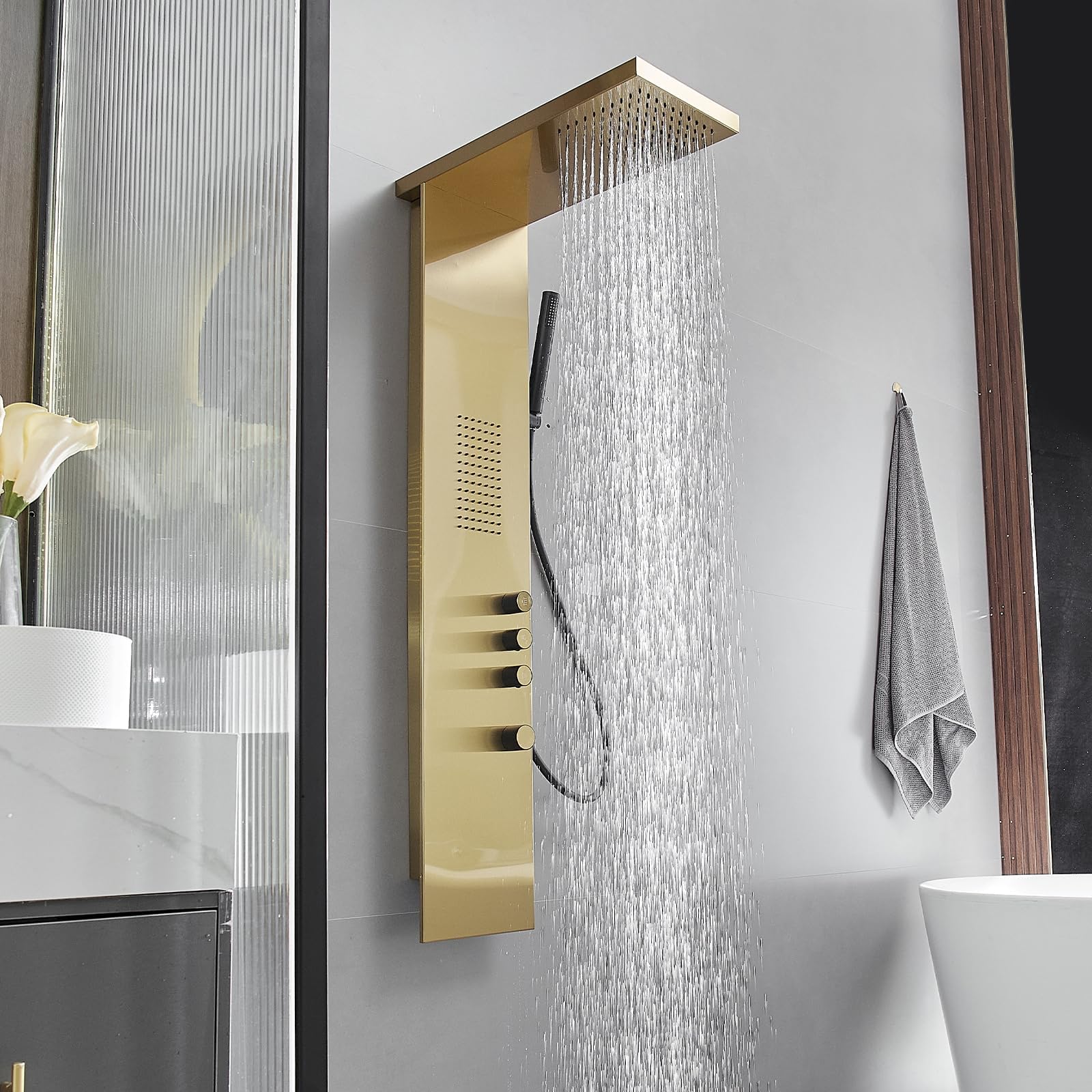 Premium Stainless Steel Shower Tower System with Rainfall Shower Head, Hand Shower & Body Jets - Brushed Gold Finish | Luxury Bathroom Upgrade for Spa-Like Experience