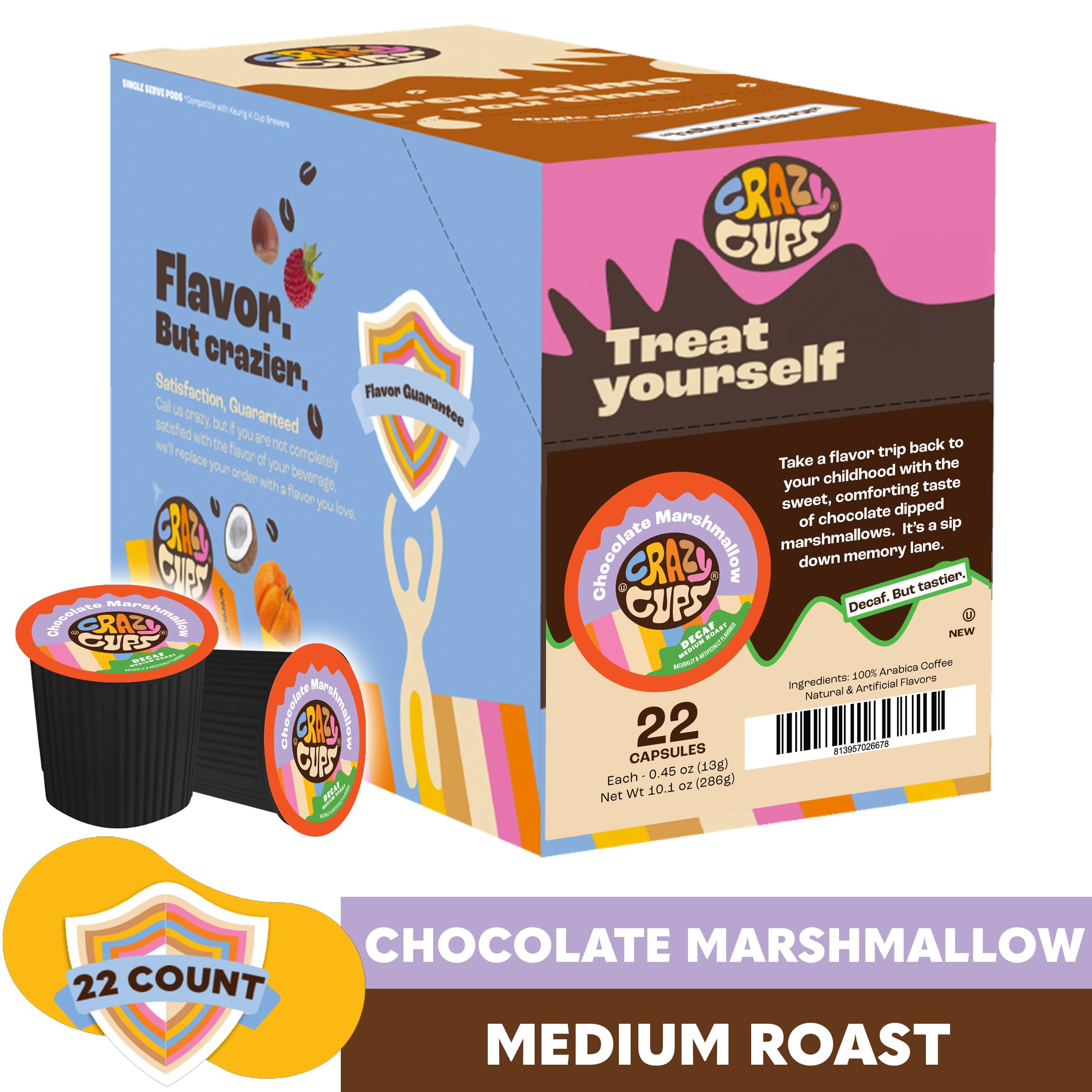 Decaf Marshmallow Coffee Pods for Keurig - Chocolate Marshmallow Flavored Medium Roast K-Cups (22 Count) | Hot or Iced Coffee | Perfect for Office, Home & Gifts