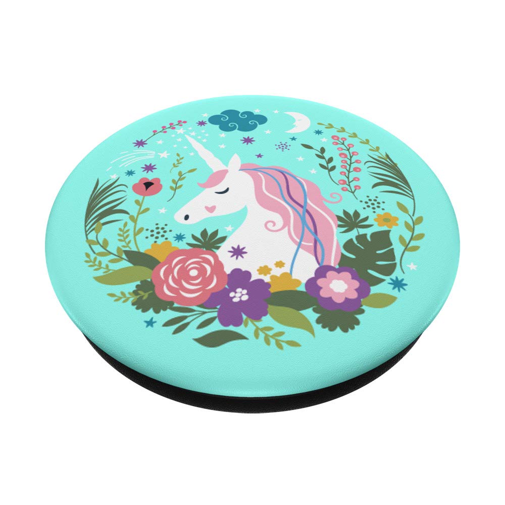 Magical Sleeping Unicorn Plush Toy in Flower Garden Under Moonlight - Turquoise Blue Fantasy Decor for Kids' Bedroom & Nursery