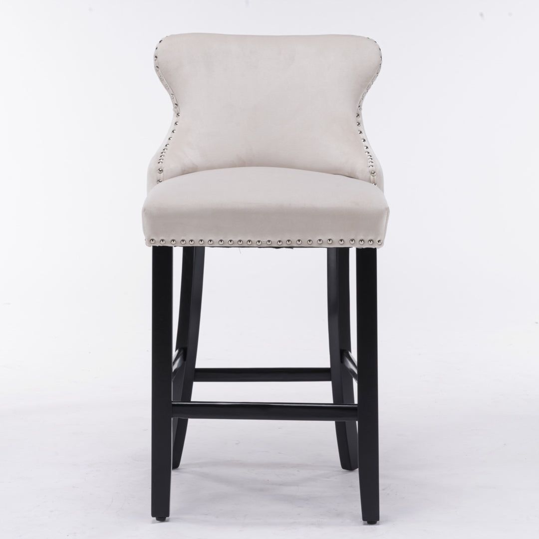Velvet Upholstered Button Tufted Bar Stools with Wood Legs and Studs - Set of 4 Beige Counter Height Stools for Kitchen Island, Breakfast Bar & Home Decor