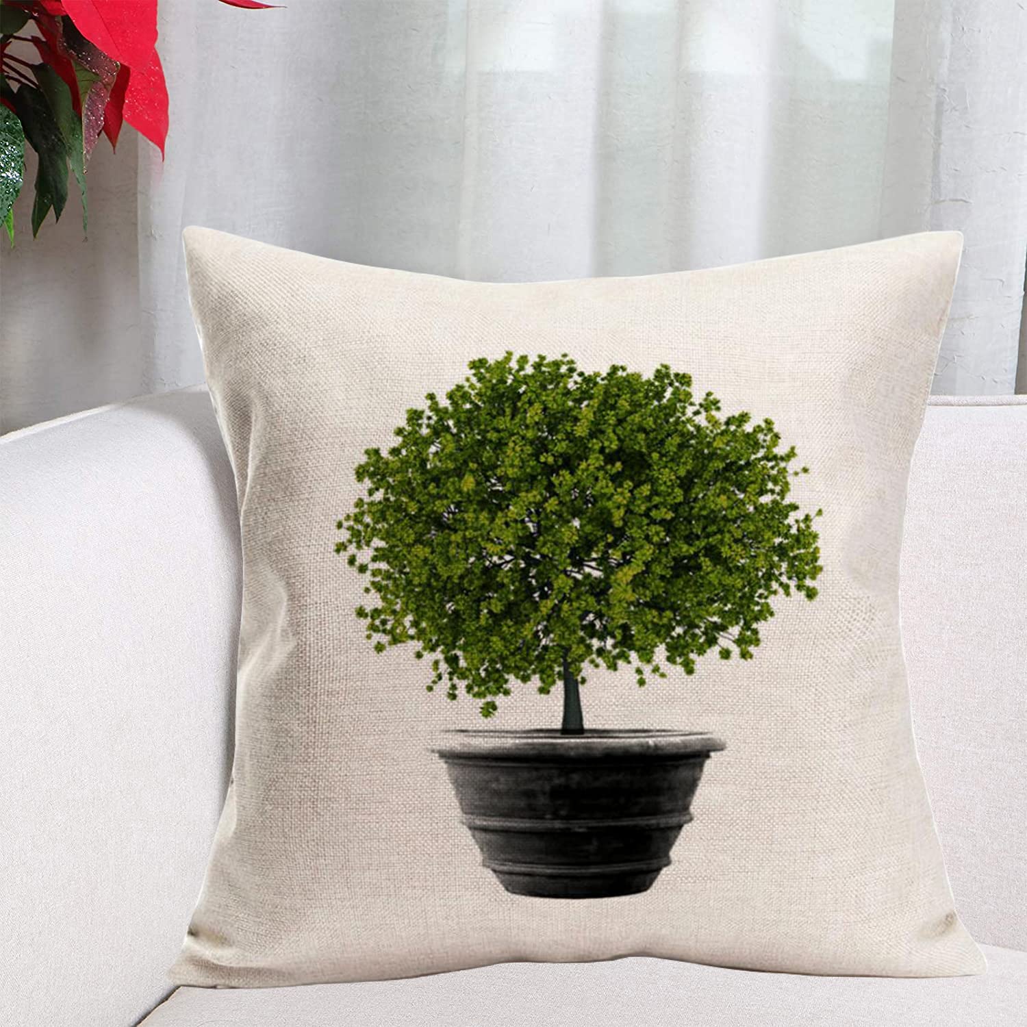 Xihomeli 18x18 Inch Cotton Linen Throw Pillow Covers - Hand-Painted Black Pot with Green Tree Design, Farmhouse Decor for Spring Summer, Living Room, Bedroom, and Outdoor Use (Black Pot 01)