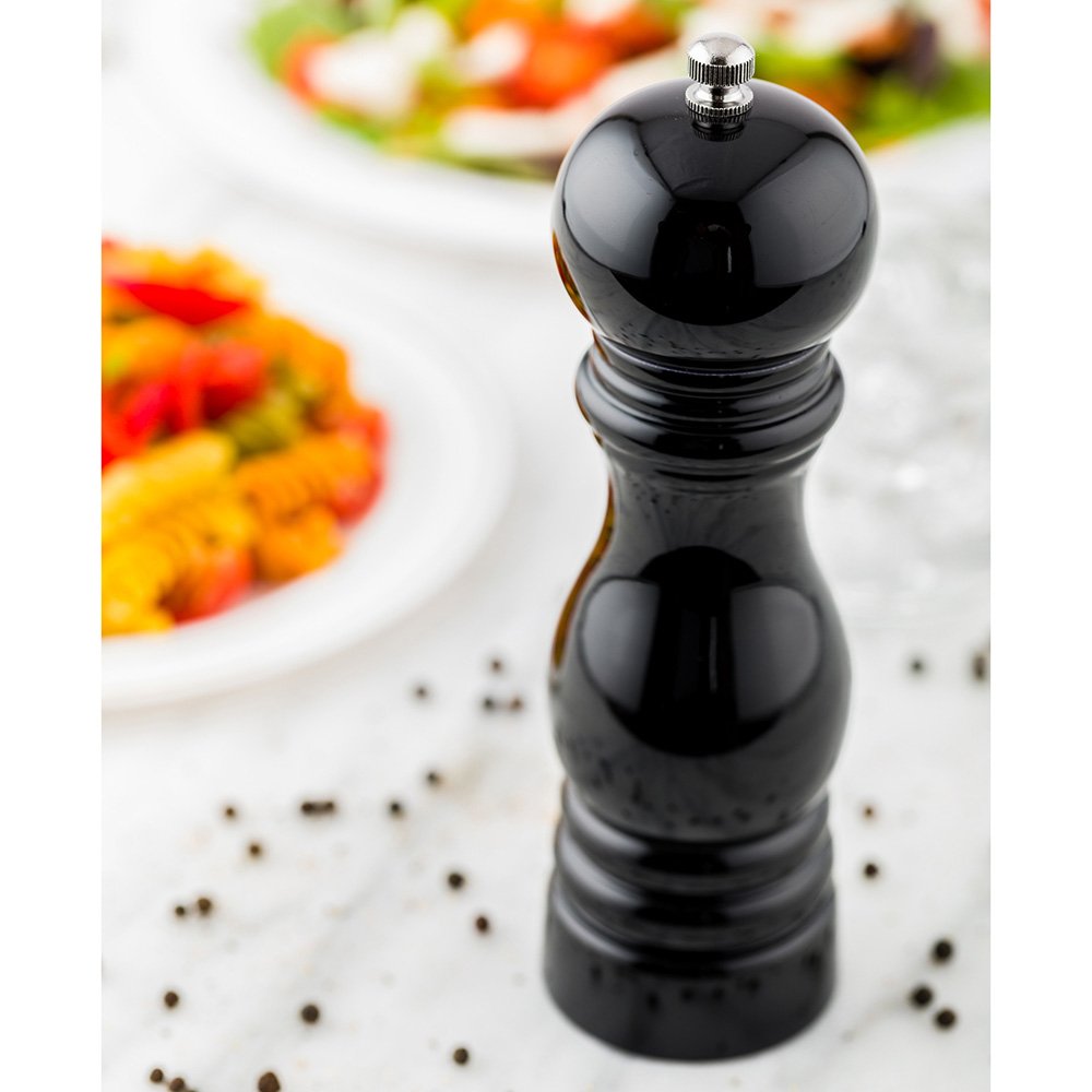 Premium 7.5-Inch French Pepper Mill - Adjustable Coarse to Fine Grind - Eco-Friendly Rubberwood with High Gloss Black Finish - Ideal for Restaurants, Cafes, Catering & Home Kitchen Use - 1 Count