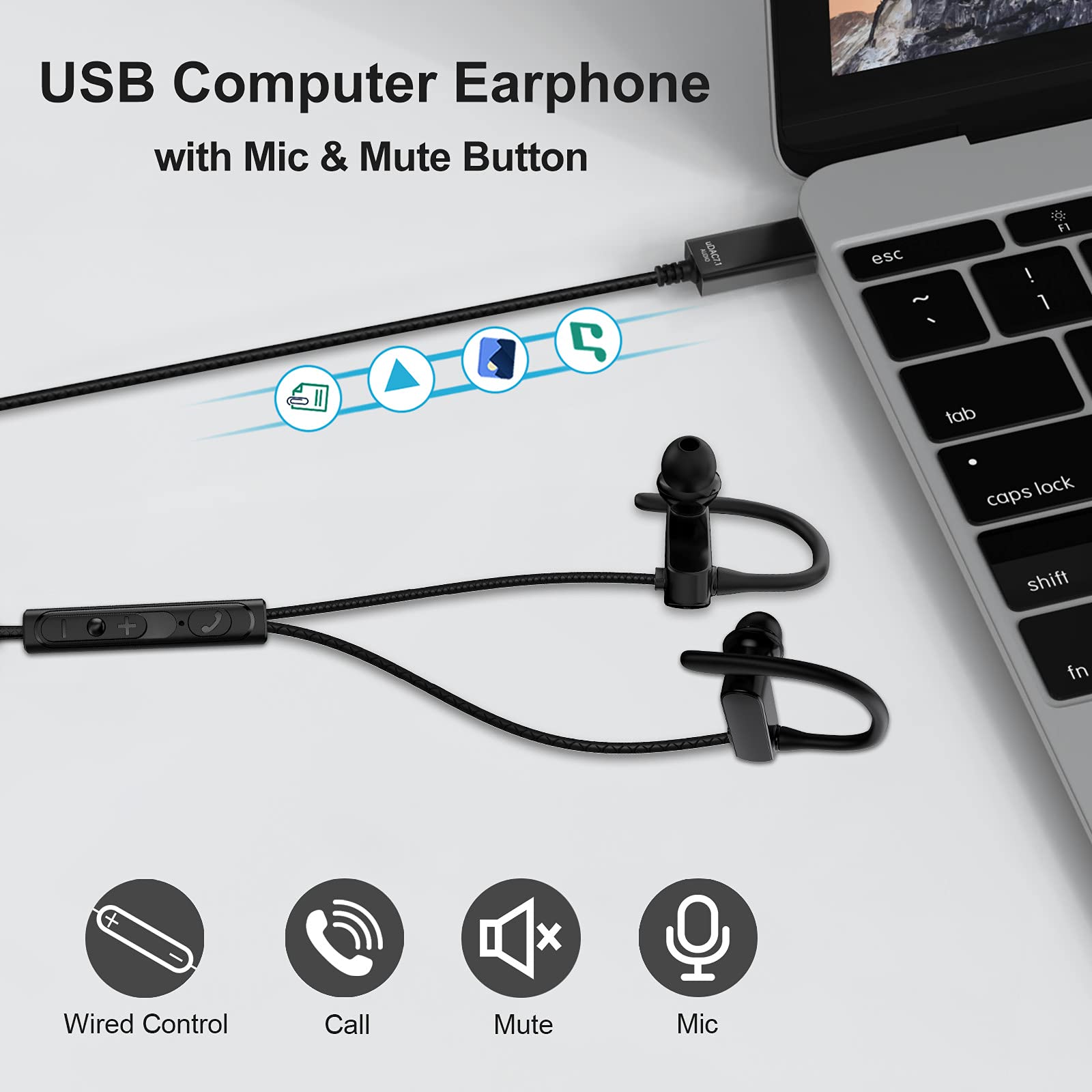 TITACUTE USB Computer Headphones with Microphone - 2.5M/8.2FT Wired Noise Canceling Earbuds, Mute & Volume Control, Over-Ear Hook Design for MacBook, Chromebook, Laptop, Desktop - Perfect for Zoom Meetings, Online Classes & Remote Work
