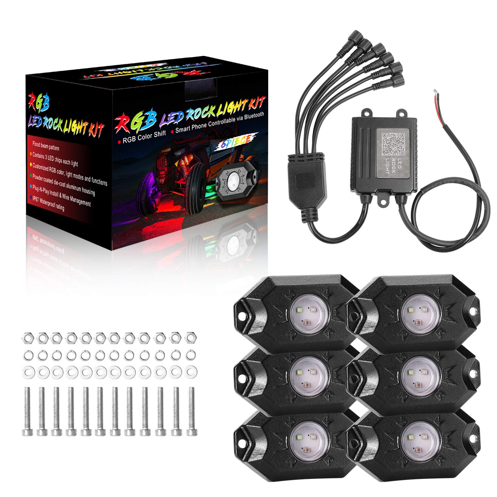 YCHOW-TECH RGB LED Rock Lights Kit - 6 Pods Wireless IP68 Waterproof Multicolor Underglow Neon Lights with Bluetooth App Control | Music Sync & Flashing Modes for Trucks, ATVs, UTVs, RZRs, SUVs | Off-Road, Car Shows & Night Driving Enhancement