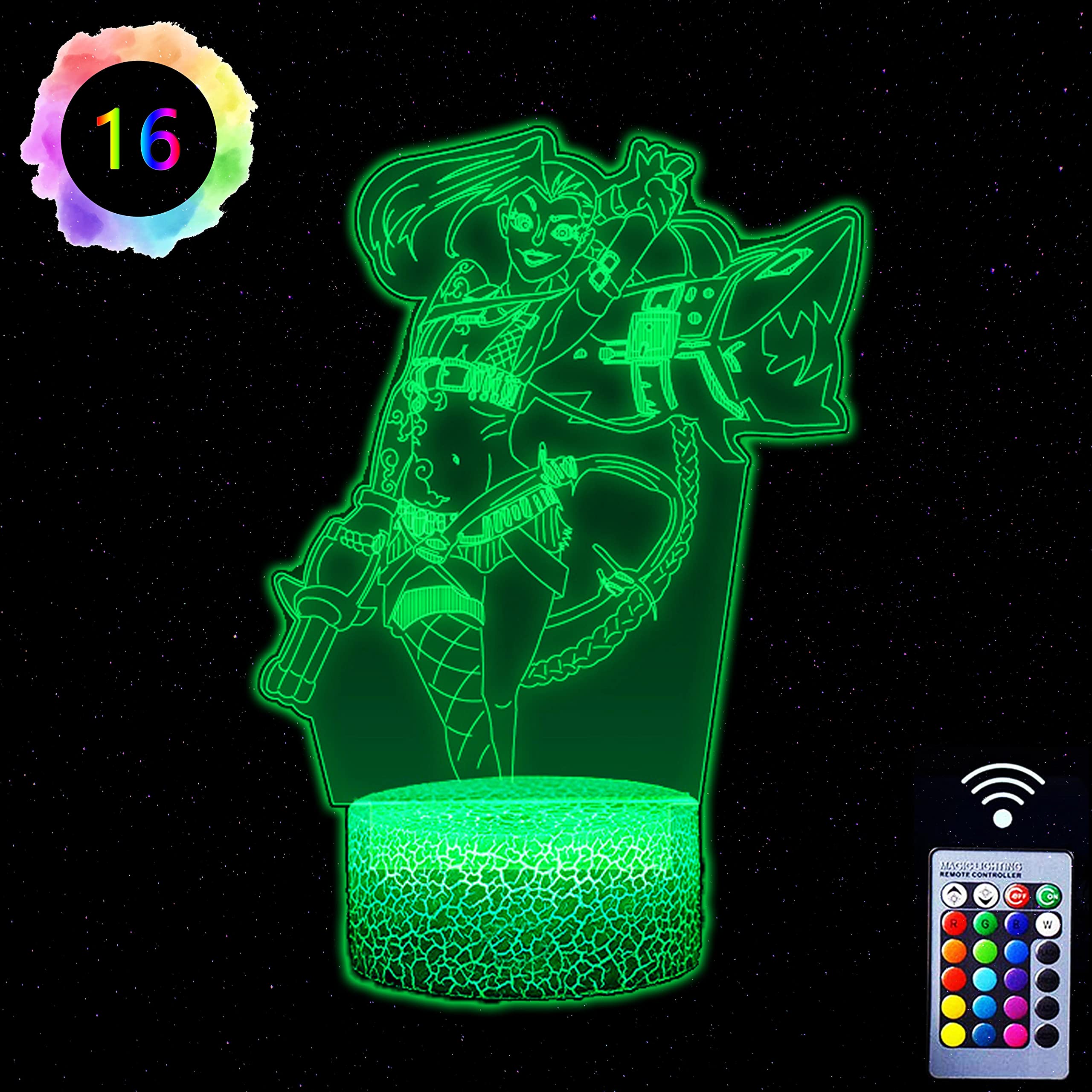 Uruzuo Jinx Arcane 3D Illusion LED Night Light - Anime Decor Lamp with RGB 16 Colors & Remote Control | Perfect Gift for Gamers & Anime Fans | Bedroom, Gaming Room & Christmas Decoration