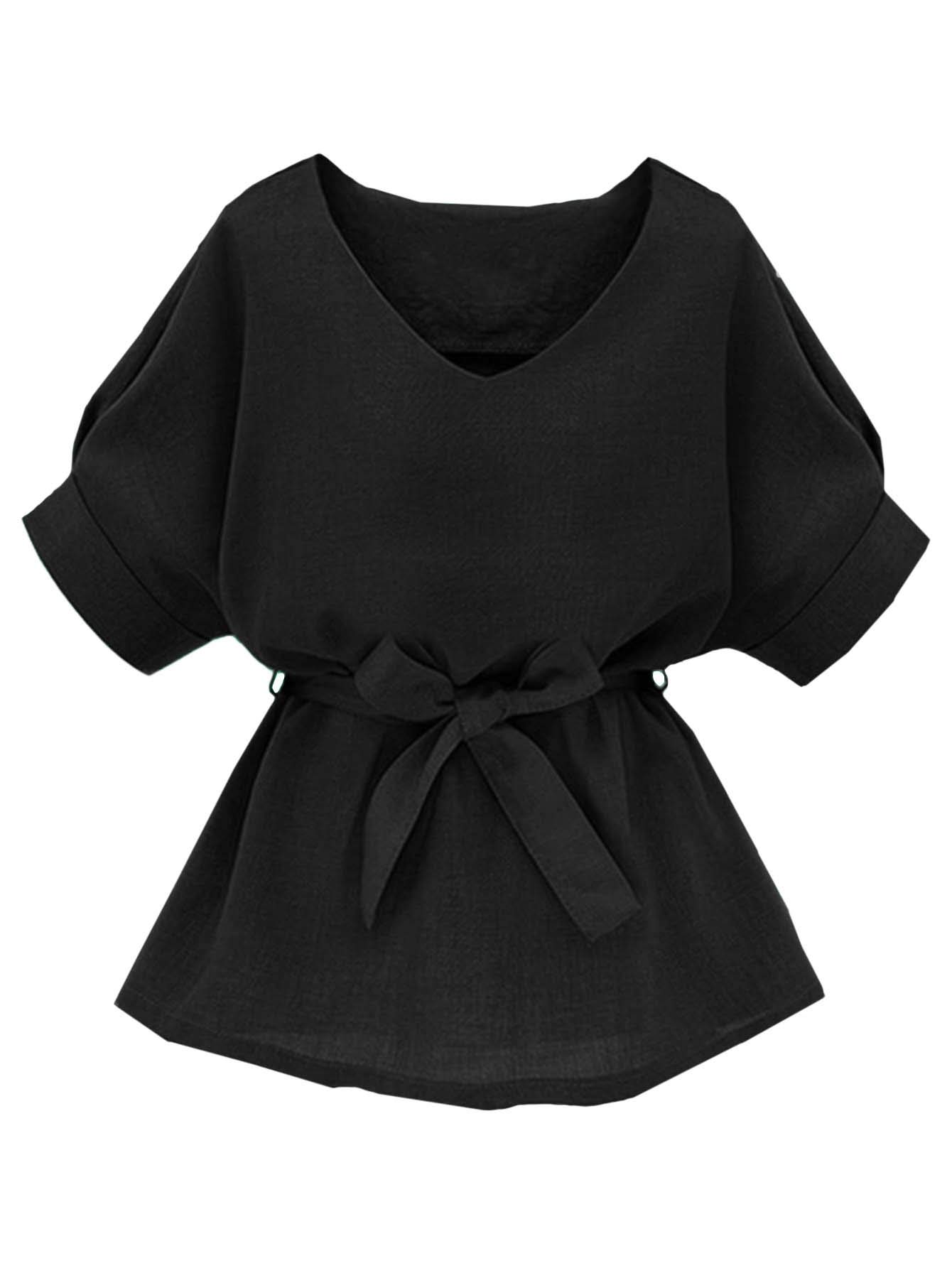Milumia Women's Casual V-Neck Short Sleeve Blouse - Self-Tie Tunic Top for Work & Office Wear | Comfortable Summer Business Attire for Professional Women