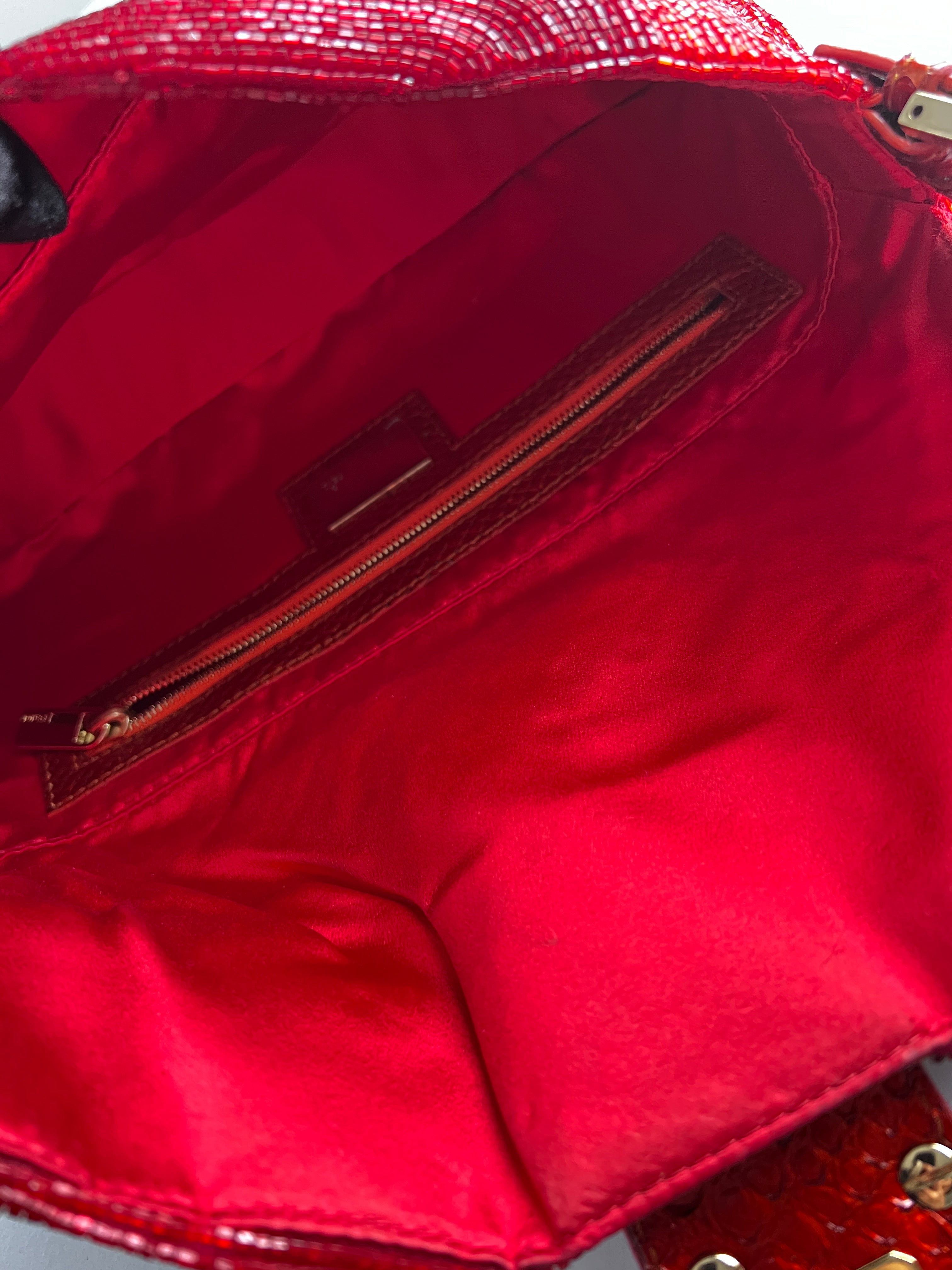 Luxury Fendi Red Beaded Baguette Bag with Crystal Charms - Perfect for Evening Parties, Weddings & Special Occasions