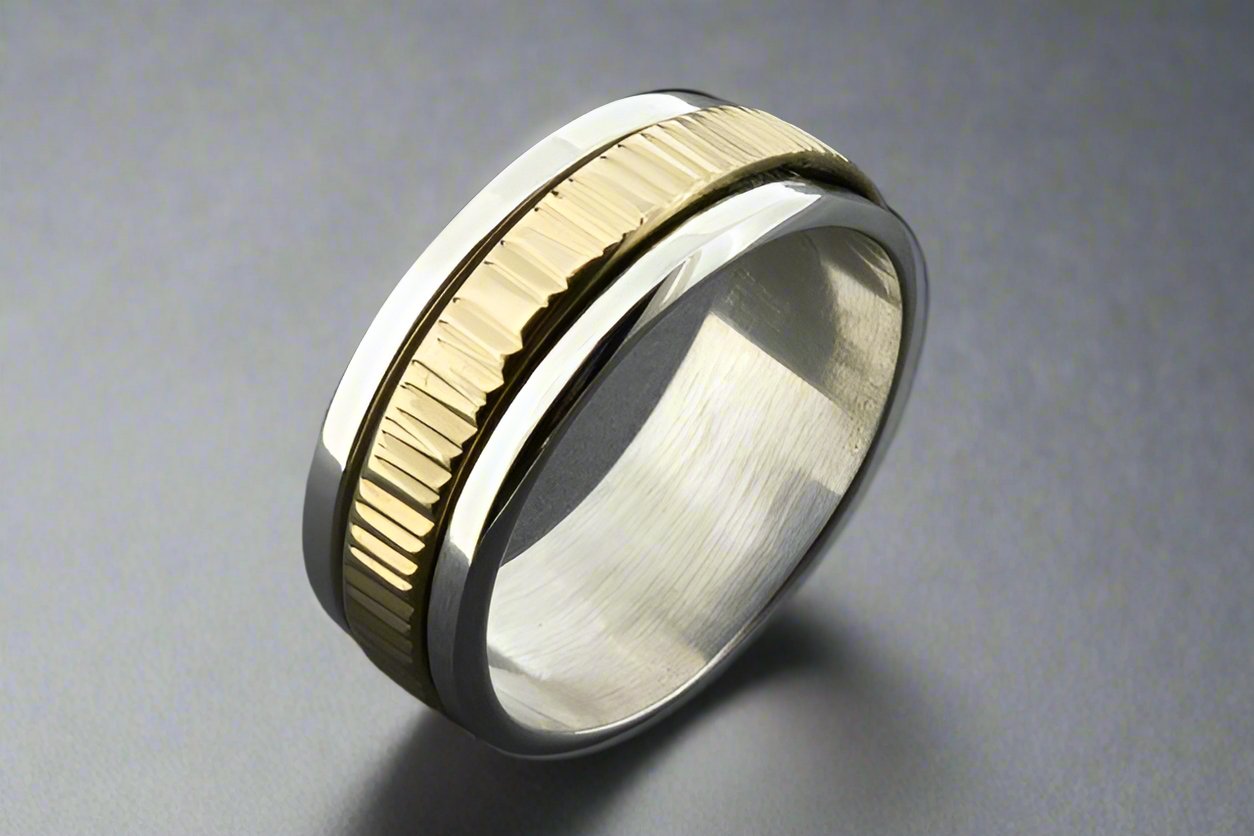 Handcrafted Etched Brass Spinner Ring in Sterling Silver - Perfect for Stress Relief, Meditation & Fashion Jewelry