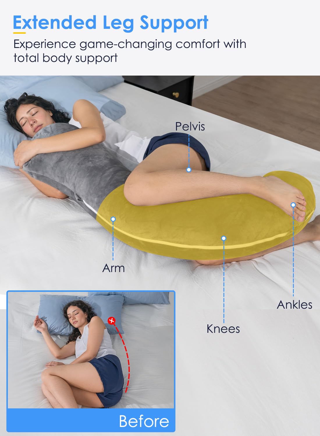 Queen Rose Body Pillow for Side Sleepers - S-Shaped Hug Pillow for Adults with Soft Velvet Cover (Grey) - Ideal for Pregnancy Support, Back Pain Relief & Comfortable Sleeping
