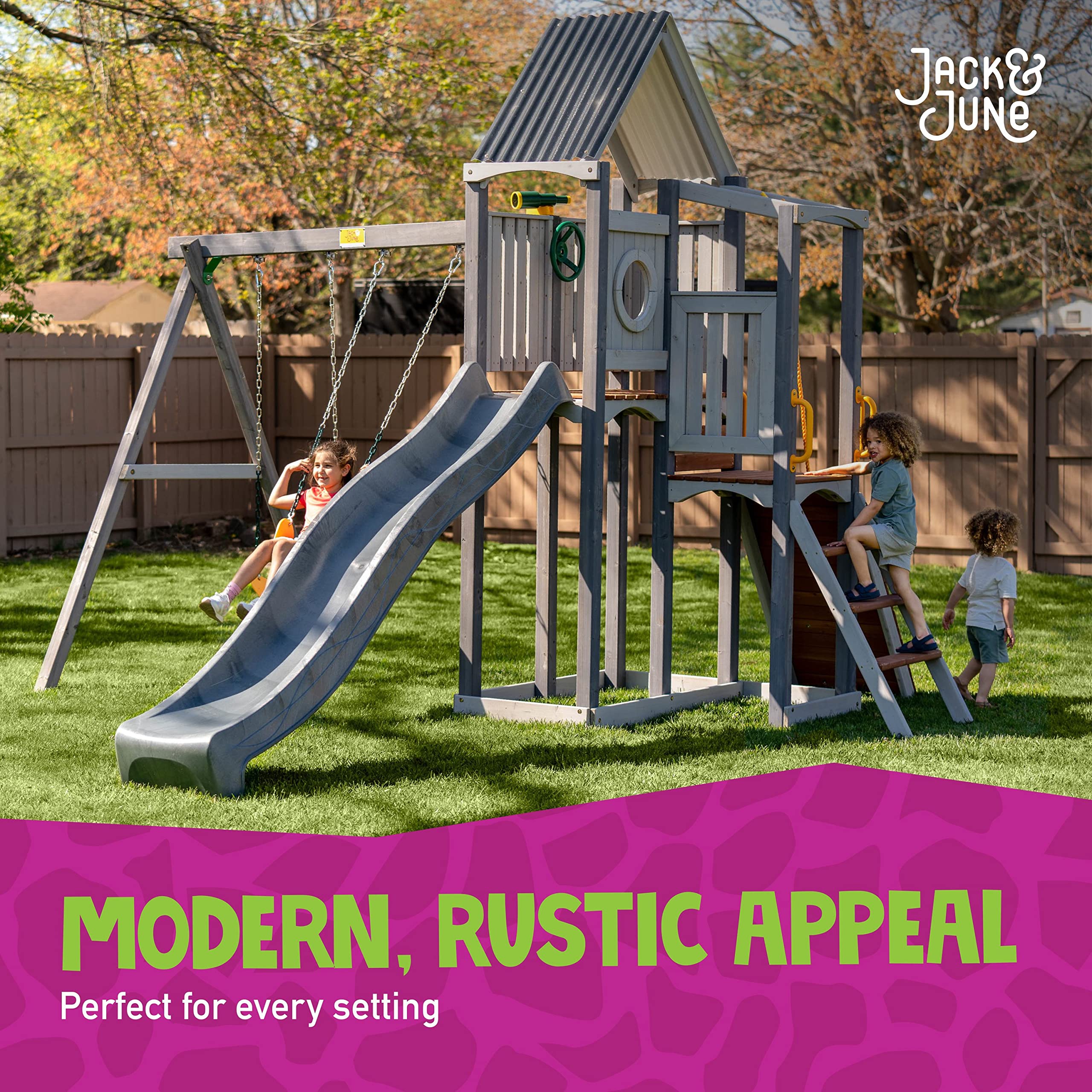 Jack & June Haven II Cedar Wood Swing Set with Swings, Slide & Accessories - Outdoor Backyard Playground Equipment for Kids - 100% Natural Cedar - Multiple Configurations for All Ages - Perfect for Family Fun, Birthday Gifts & Backyard Adventures