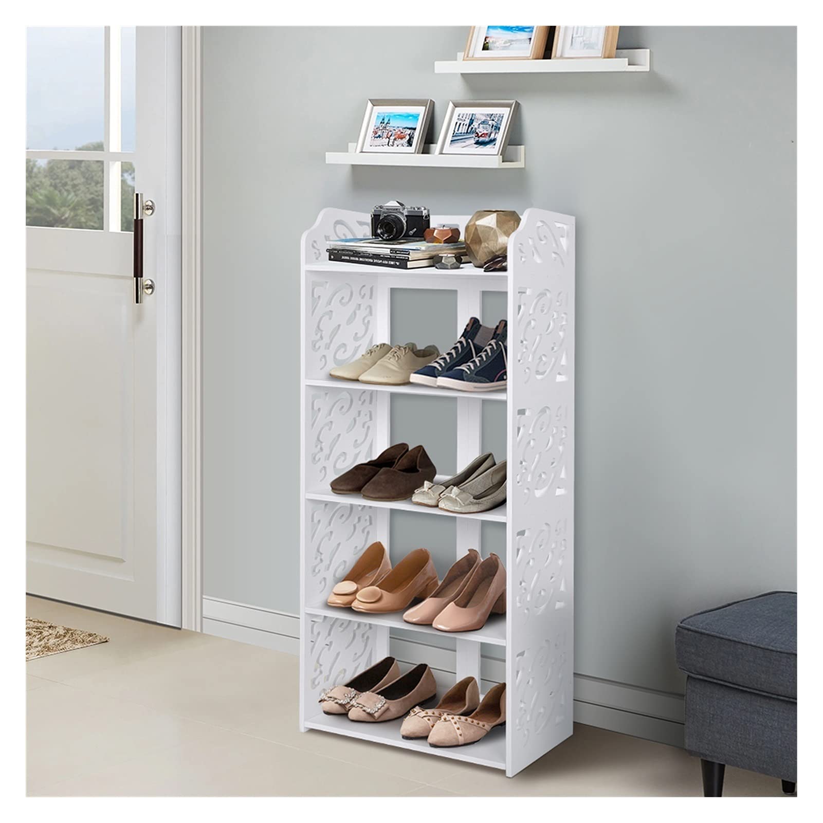 5-Tier White Hollow Out Shoe Rack - Space Saving Shoe Storage Organizer for Entryway, Closet & Bedroom | Durable Shoe Shelf for Home Organization & Improvement Supplies