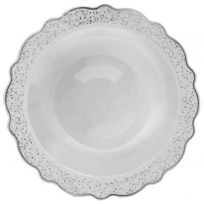 White and Silver Round Plastic Plates with Confetti Design - Elegant Disposable Party Plates for Birthdays, Weddings & Celebrations - 50 Pack
