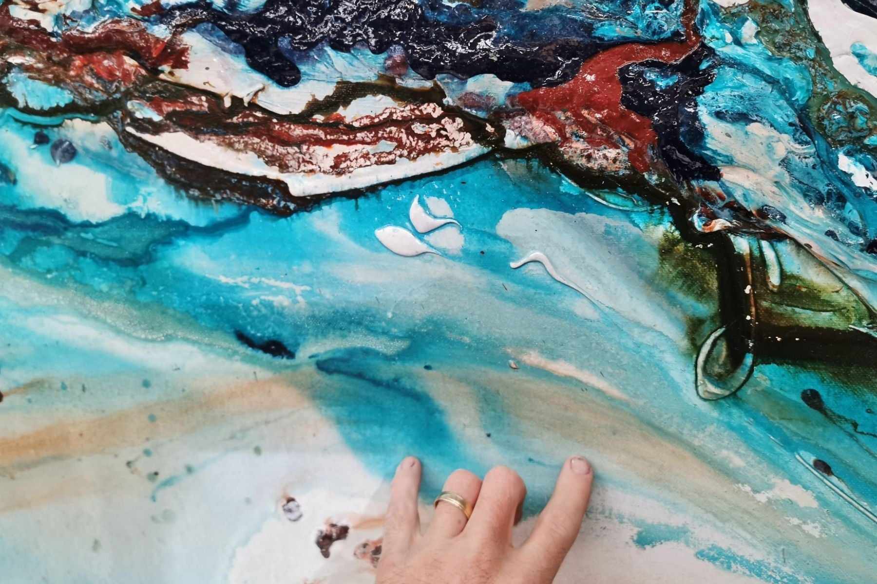Turquoise Cream Textured Abstract Painting - 270cm x 120cm Crushed Southern Chill Style Wall Art for Living Room, Bedroom & Office Decor
