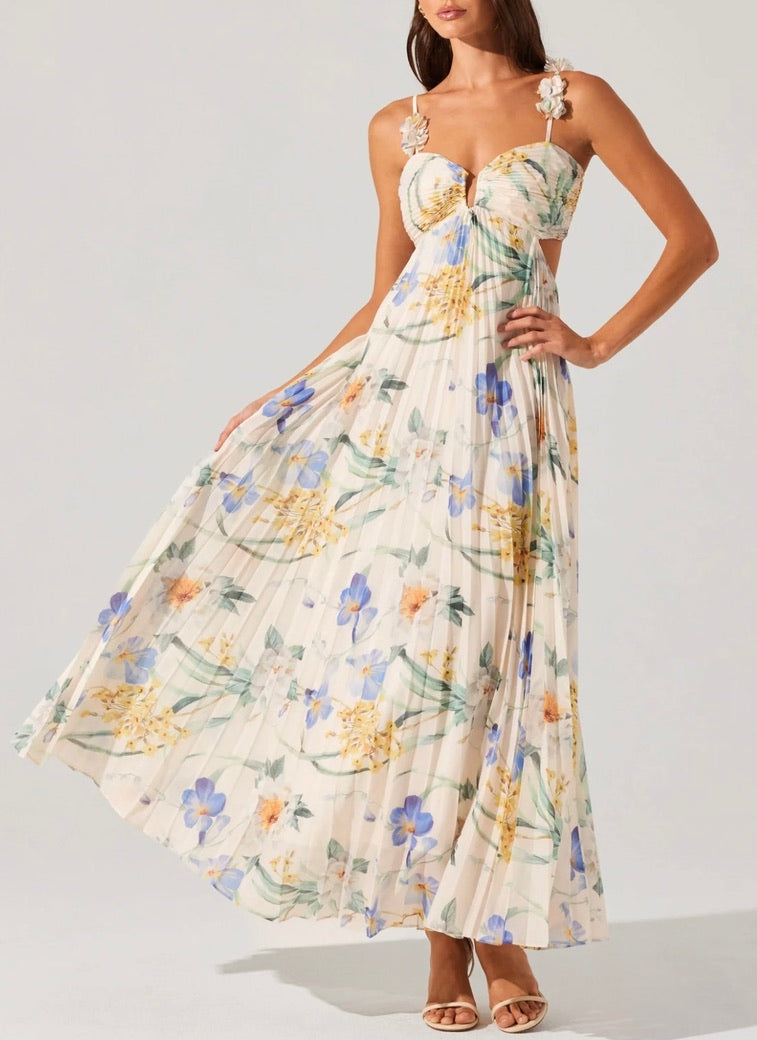 Emese Floral Pleated Maxi Dress for Women - Elegant Summer Beach Wedding Party Dress - Perfect for Vacations, Date Nights & Special Occasions