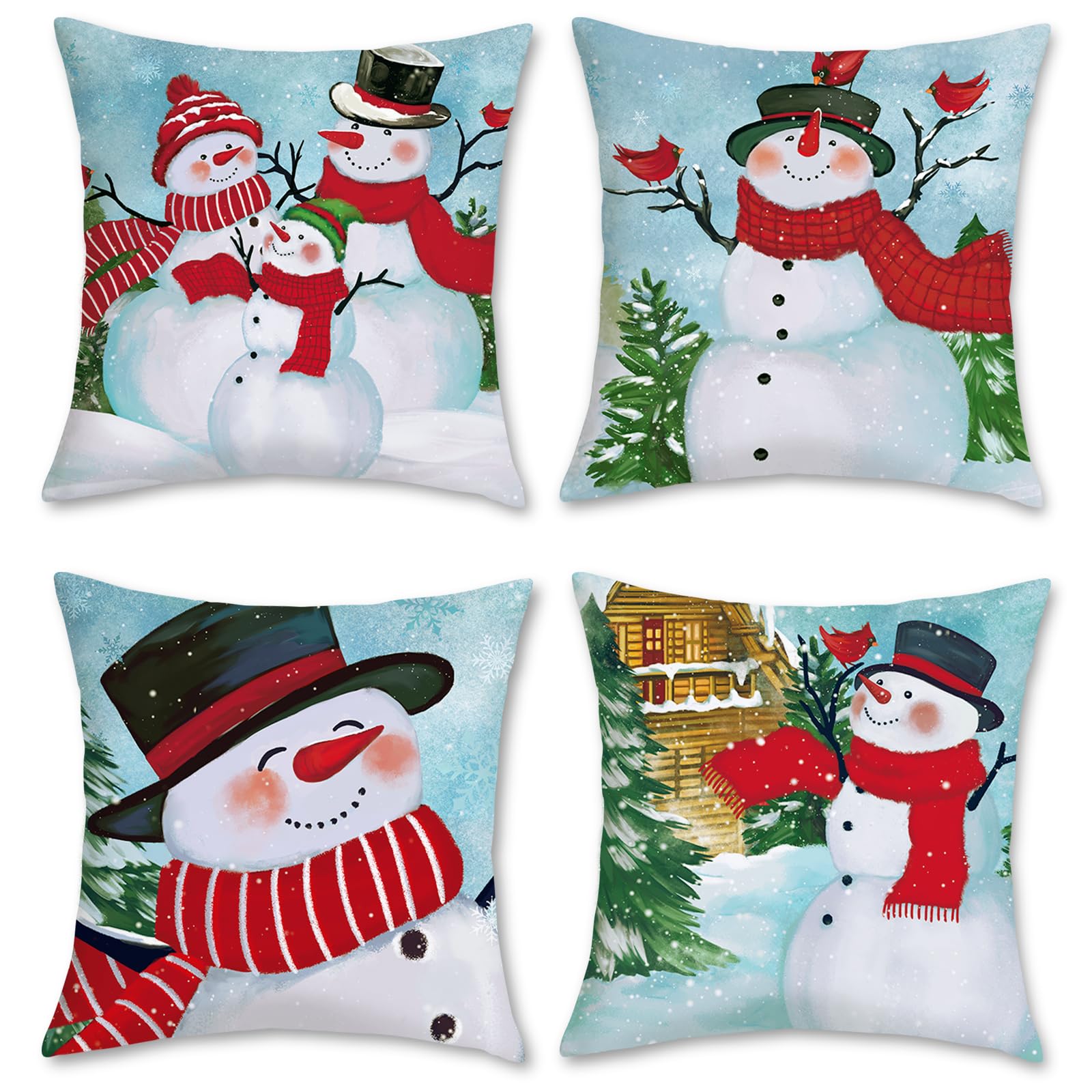 Bonhause 18x18 Inch Snowman Throw Pillow Covers - Winter Pine Tree & Snowflake Decorative Cushion Covers Set of 4 for Sofa, Couch, Bed - Christmas Holiday Home Decor for Living Room, Bedroom Seasonal Cozy Decorations