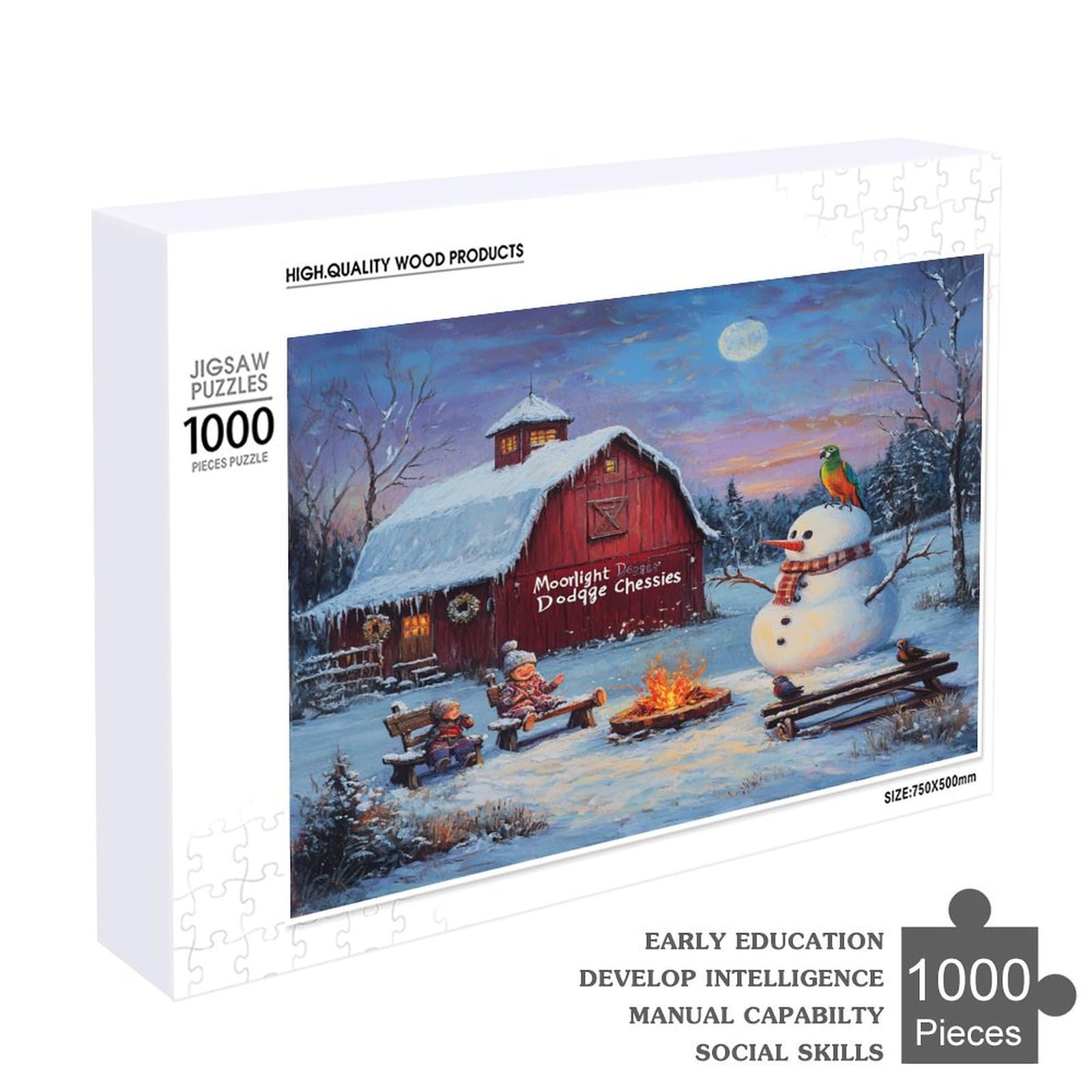 1000 Piece Adult Jigsaw Puzzle - Whimsical Winter Scene with Old Red Barn & Snowman Family | Christmas Holiday Wooden Puzzle for Family Games & Activities | Perfect for Winter Evenings, Gift Giving & Relaxation